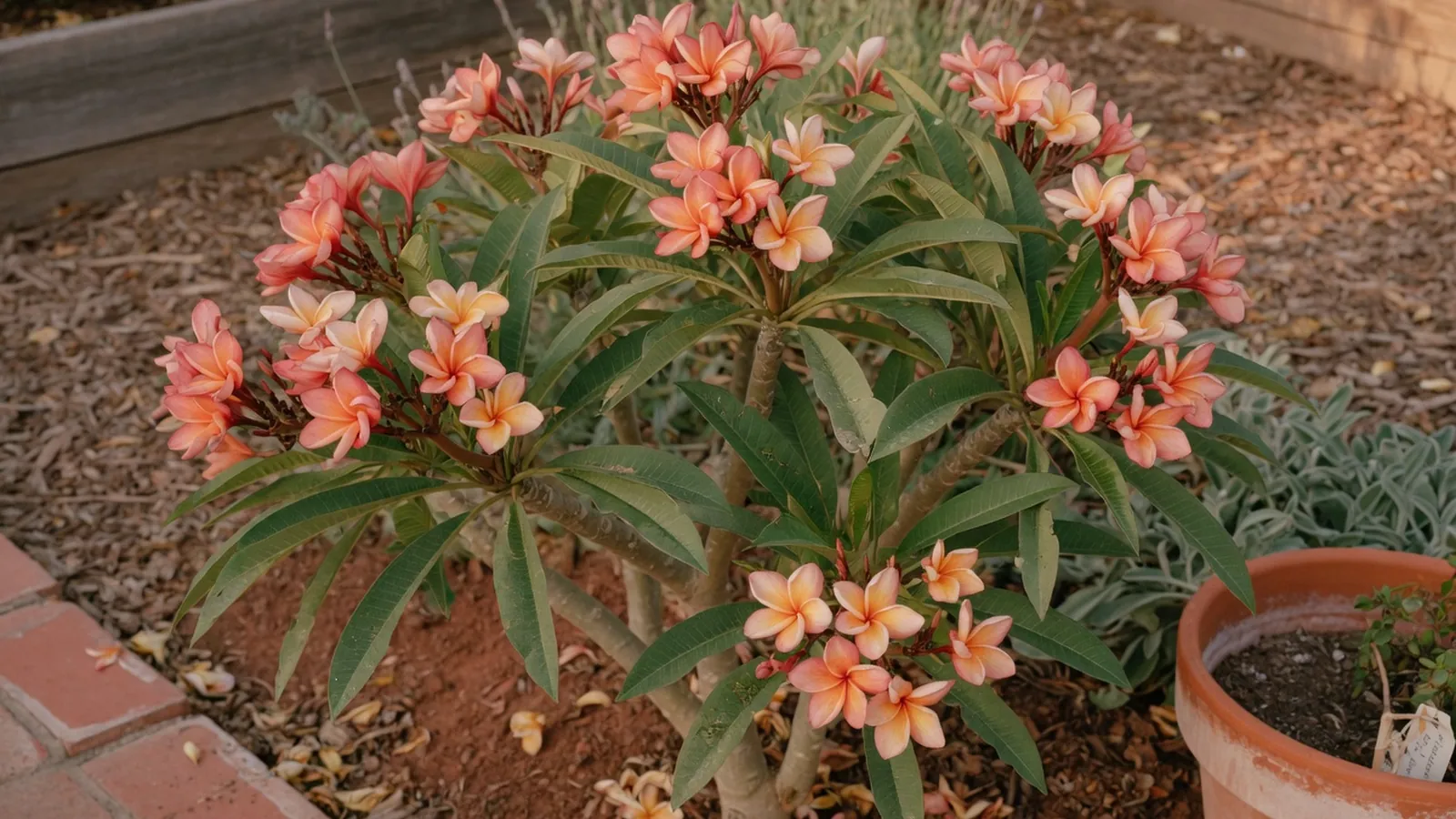 A fragrant plumeria shrub displays vibrant five-petaled blooms among long green leaves in a garden.