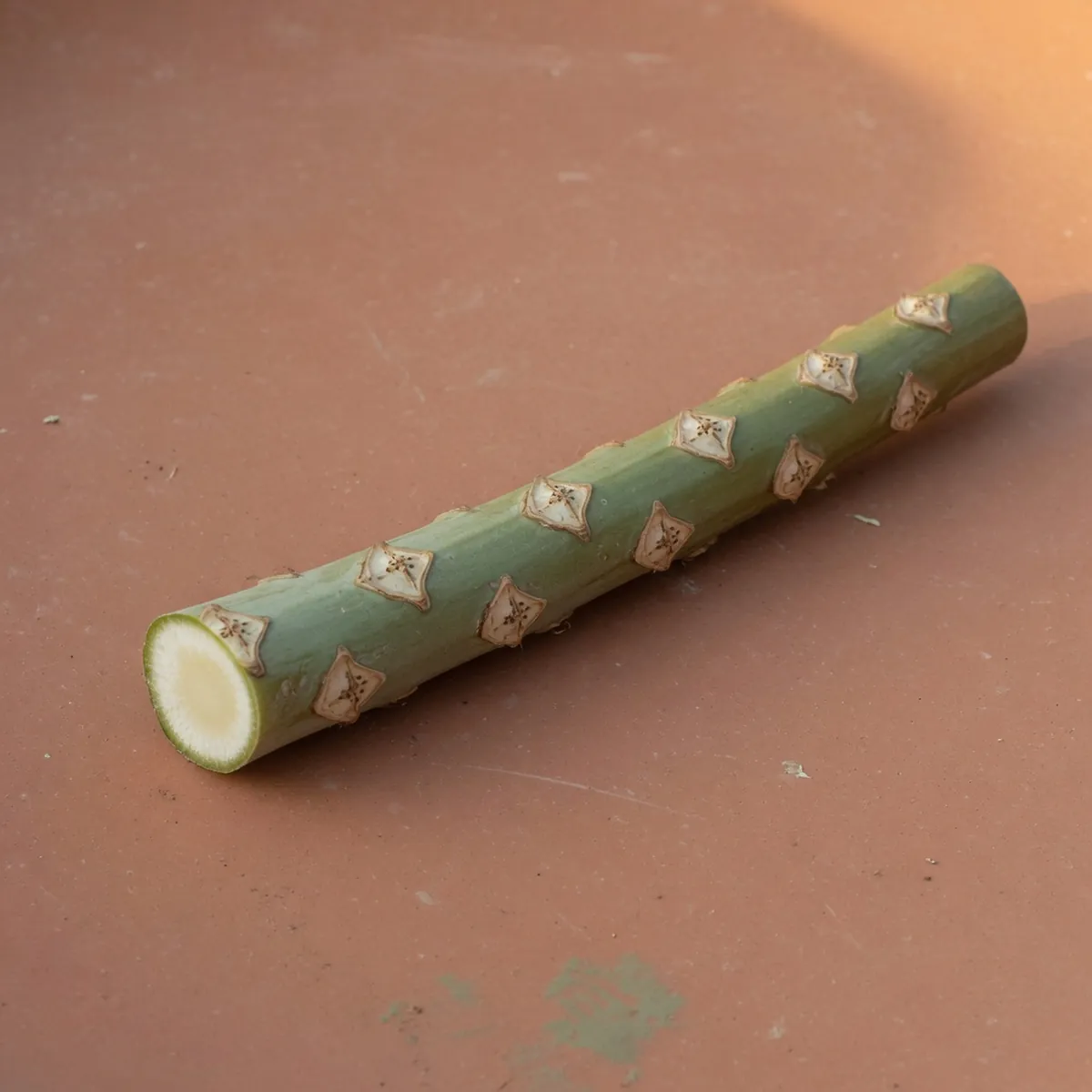 A freshly cut plumeria stem stripped of all leaves and stems lying on a clean surface.