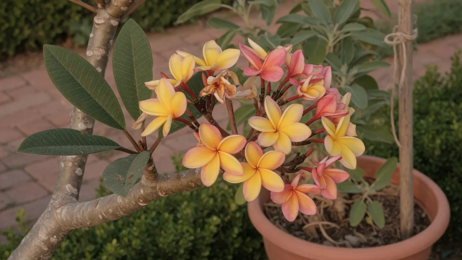 A vibrant cluster of yellow and pink plumeria flowers blooming on a sturdy branch against a soft garden backdrop.