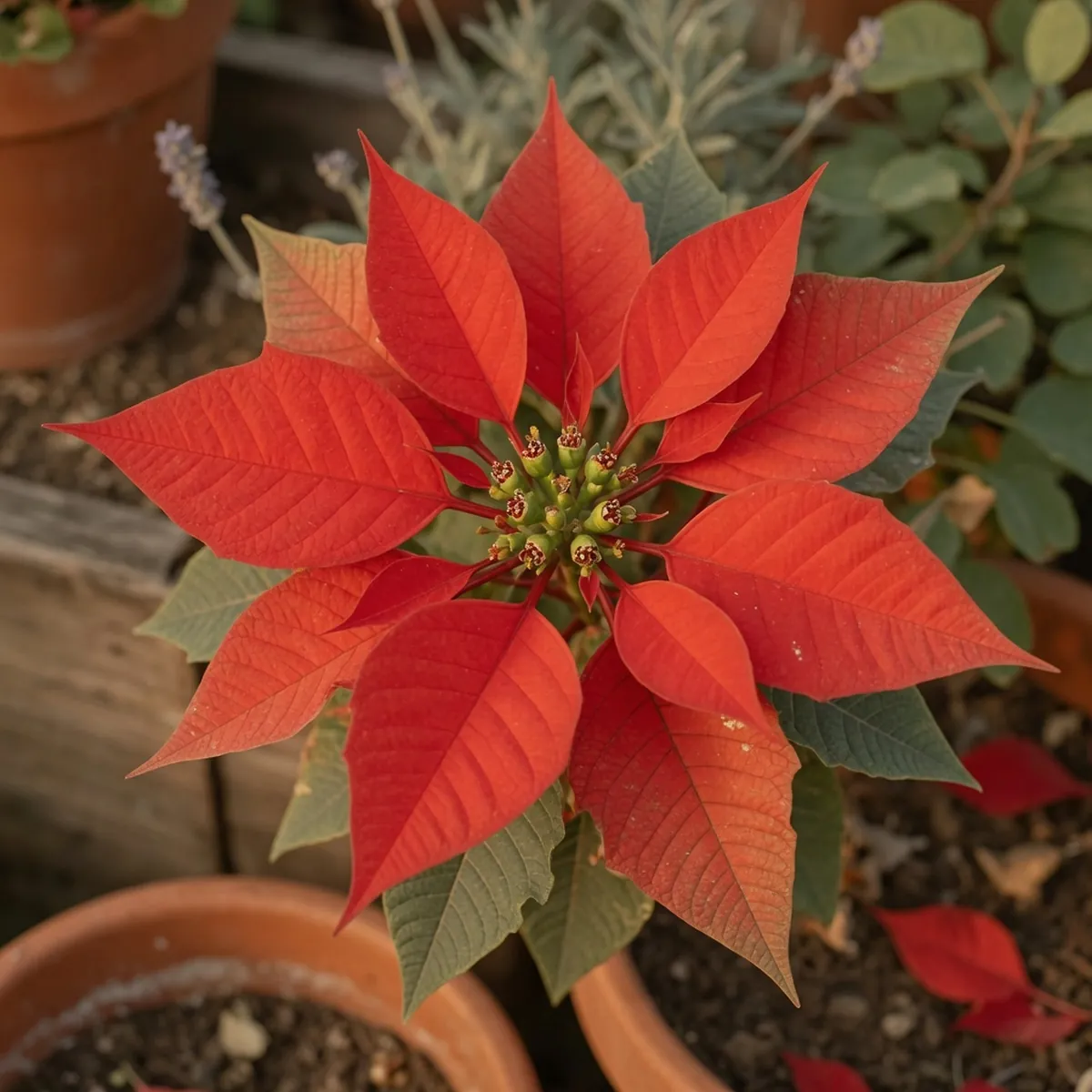 A close-up view of a poinsettia plant highlighting the red bracts and tiny central cyathia flowers.