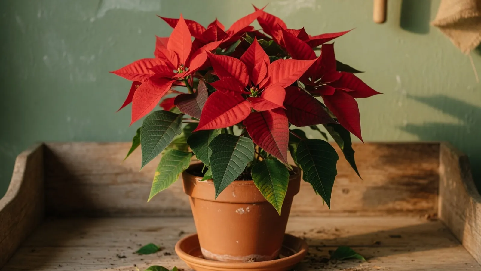A vibrant potted poinsettia plant displaying bright red star-shaped bracts and lush green foliage.