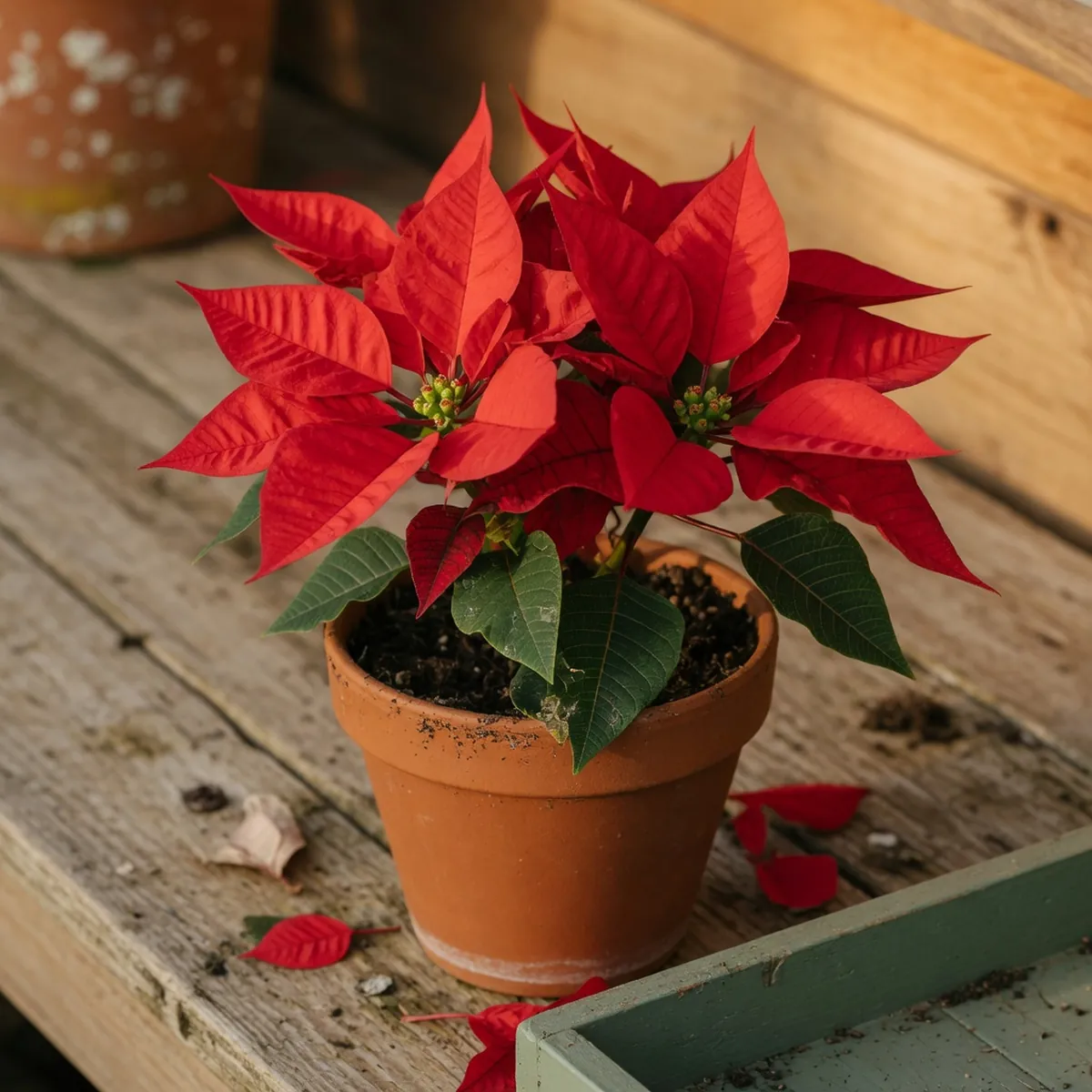 A healthy potted poinsettia with vivid red bracts and tiny yellow central buds.