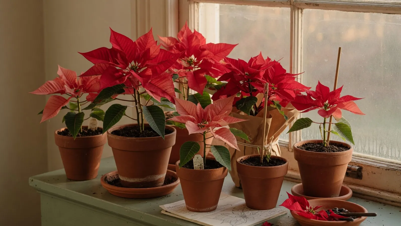 A festive arrangement of bright red poinsettia plants in ceramic pots.