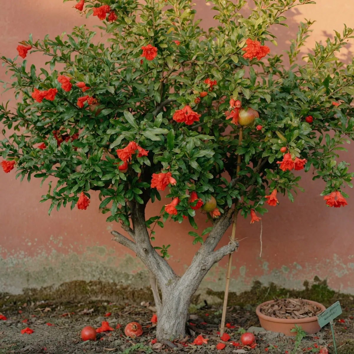 A mature pomegranate tree with glossy green leaves and bright red blossoms basking in direct sunlight.