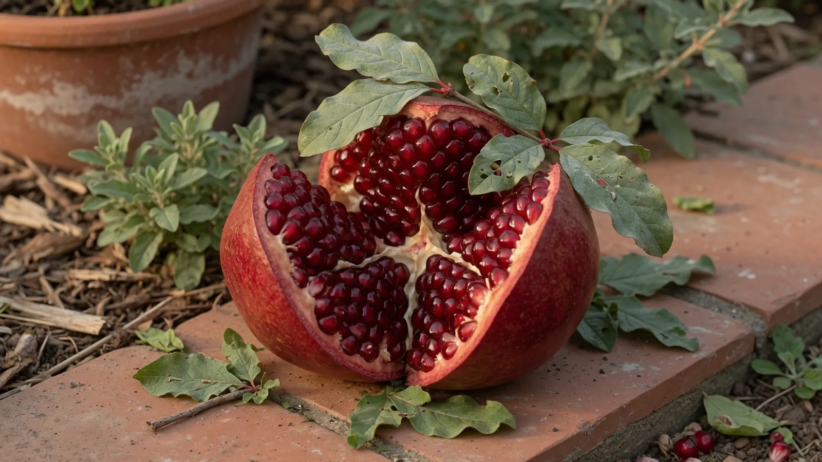 A ripe pomegranate fruit split open to reveal clusters of ruby-red arils nestled among green leaves.