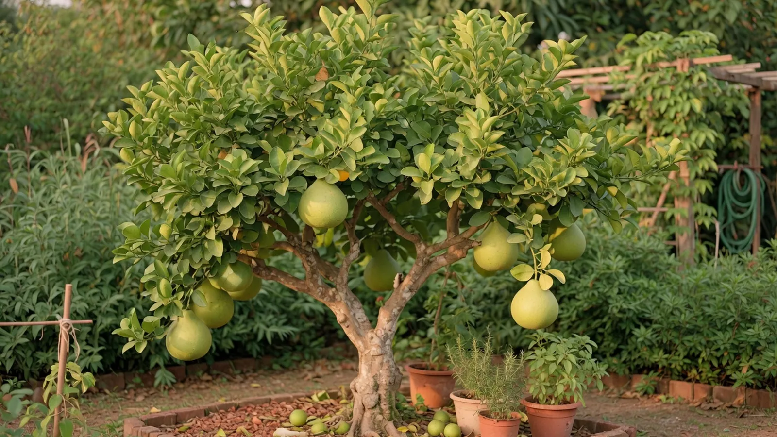 A healthy pomelo tree with lush foliage growing in a warm, sunny garden environment.