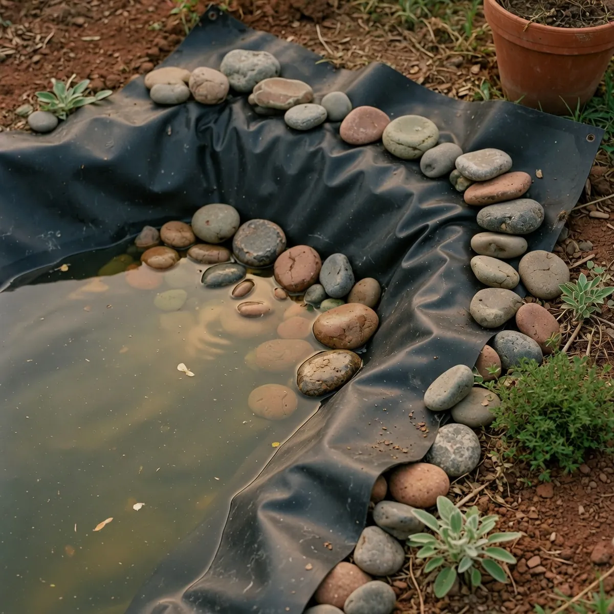A close-up view of a black flexible pond liner installed in a garden bed with water and aquatic plants.