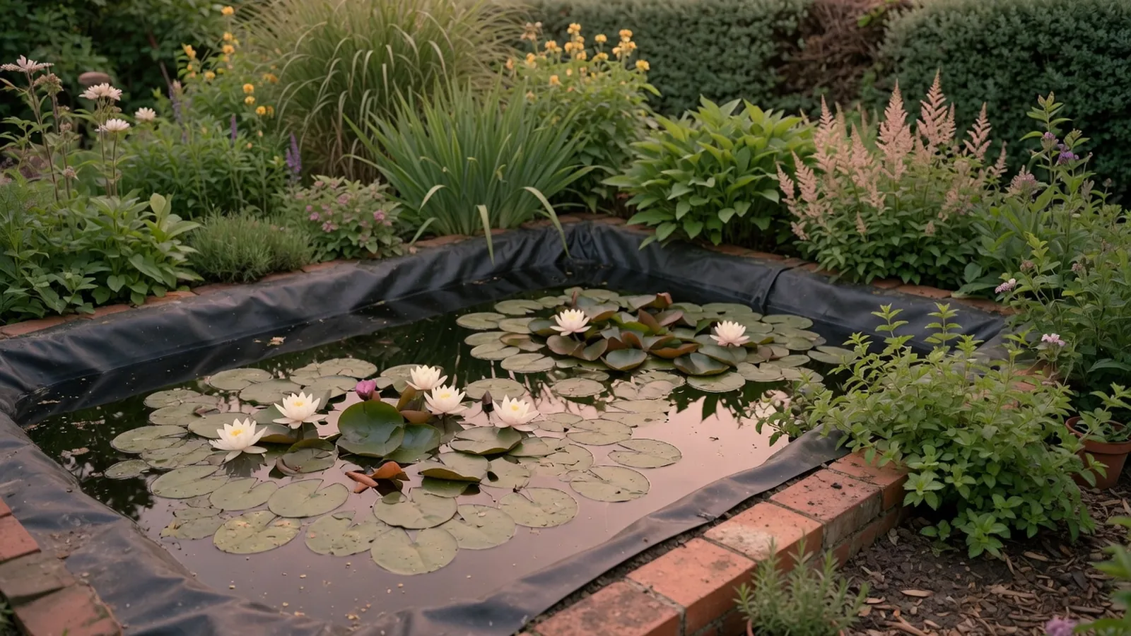 A tranquil garden pond featuring a black liner, surrounded by lush greenery and blooming water lilies.