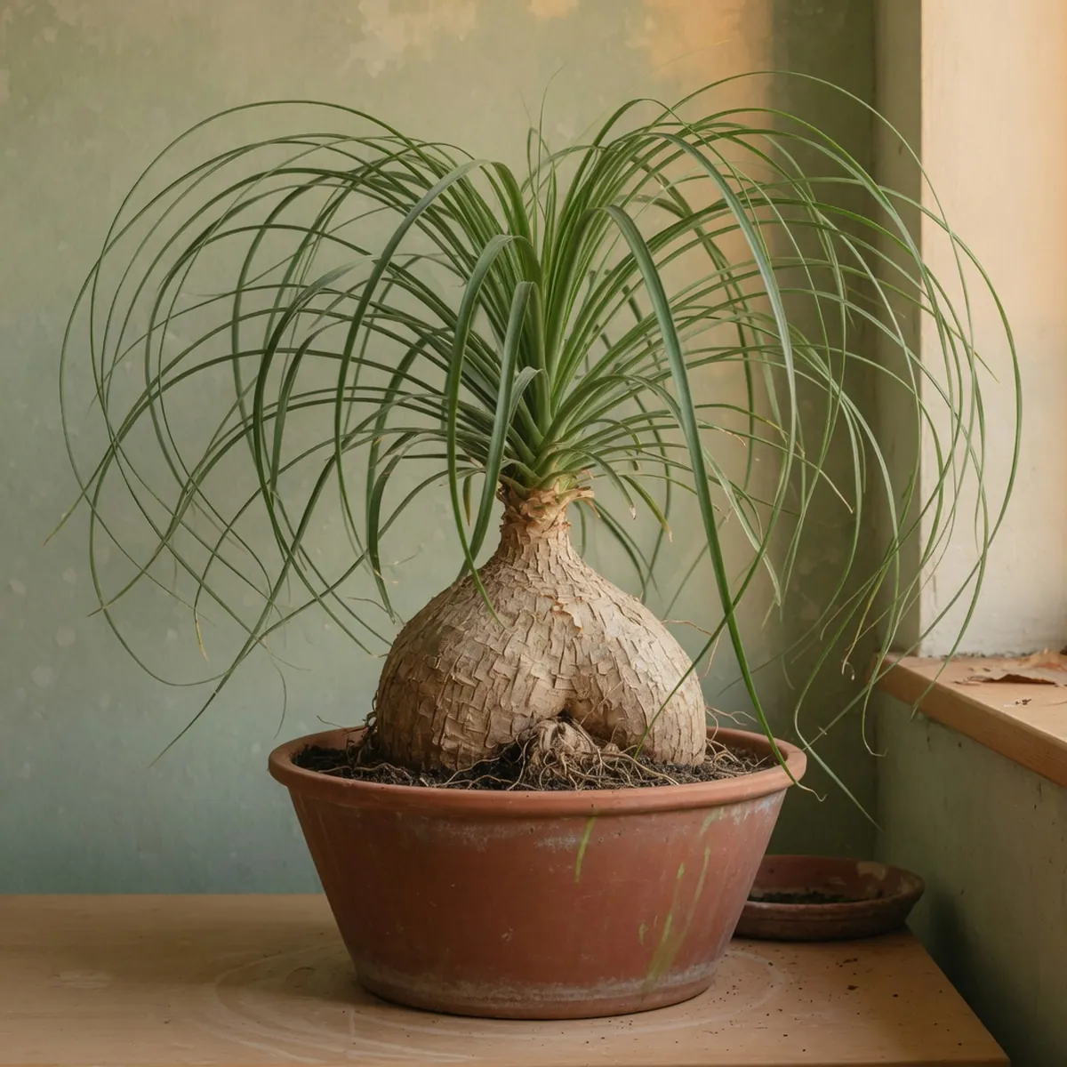 A potted ponytail palm displaying its swollen trunk base and cascading long green leaves.