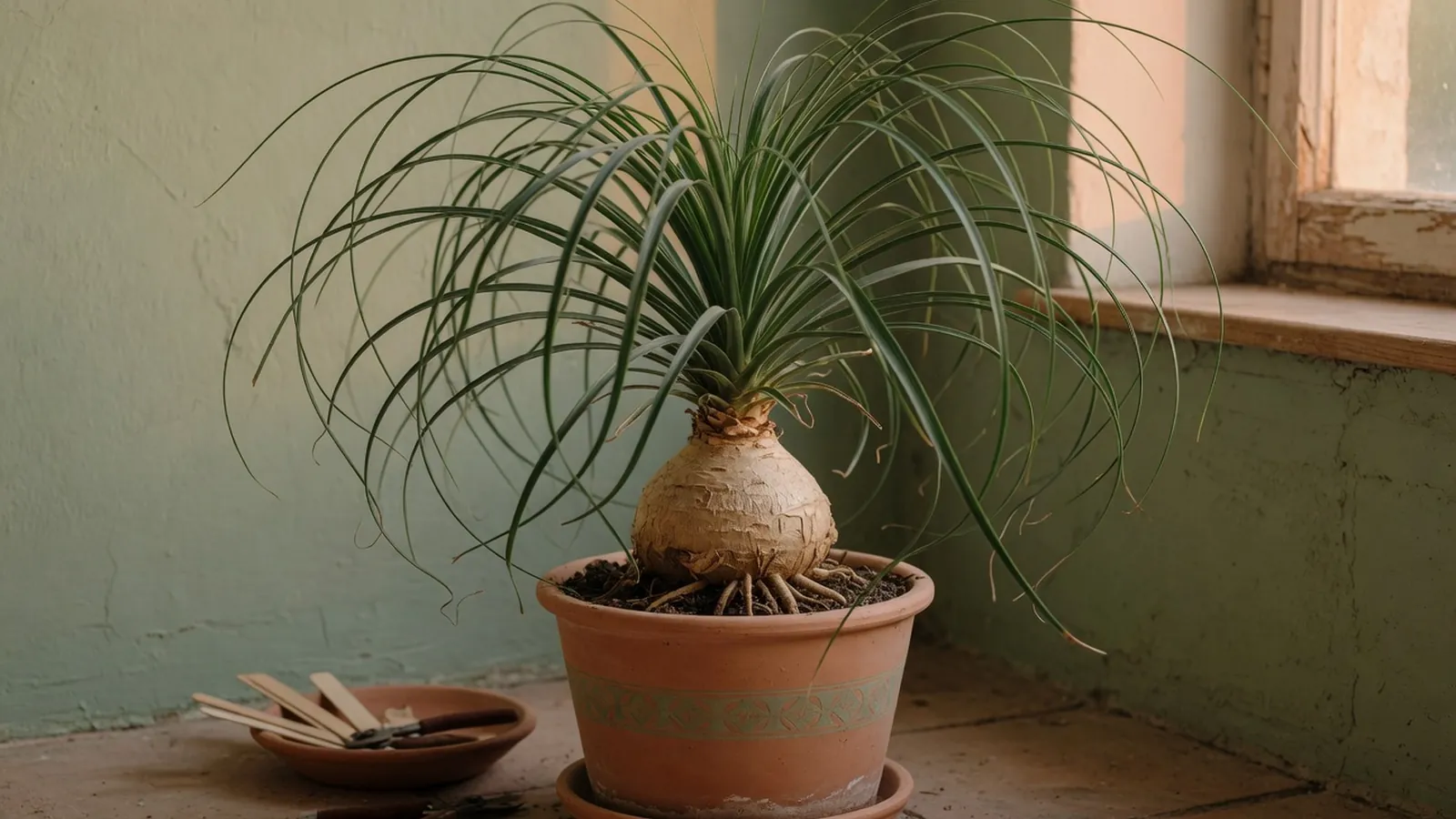 A healthy ponytail palm plant in a decorative pot with its characteristic bulbous base and long foliage.