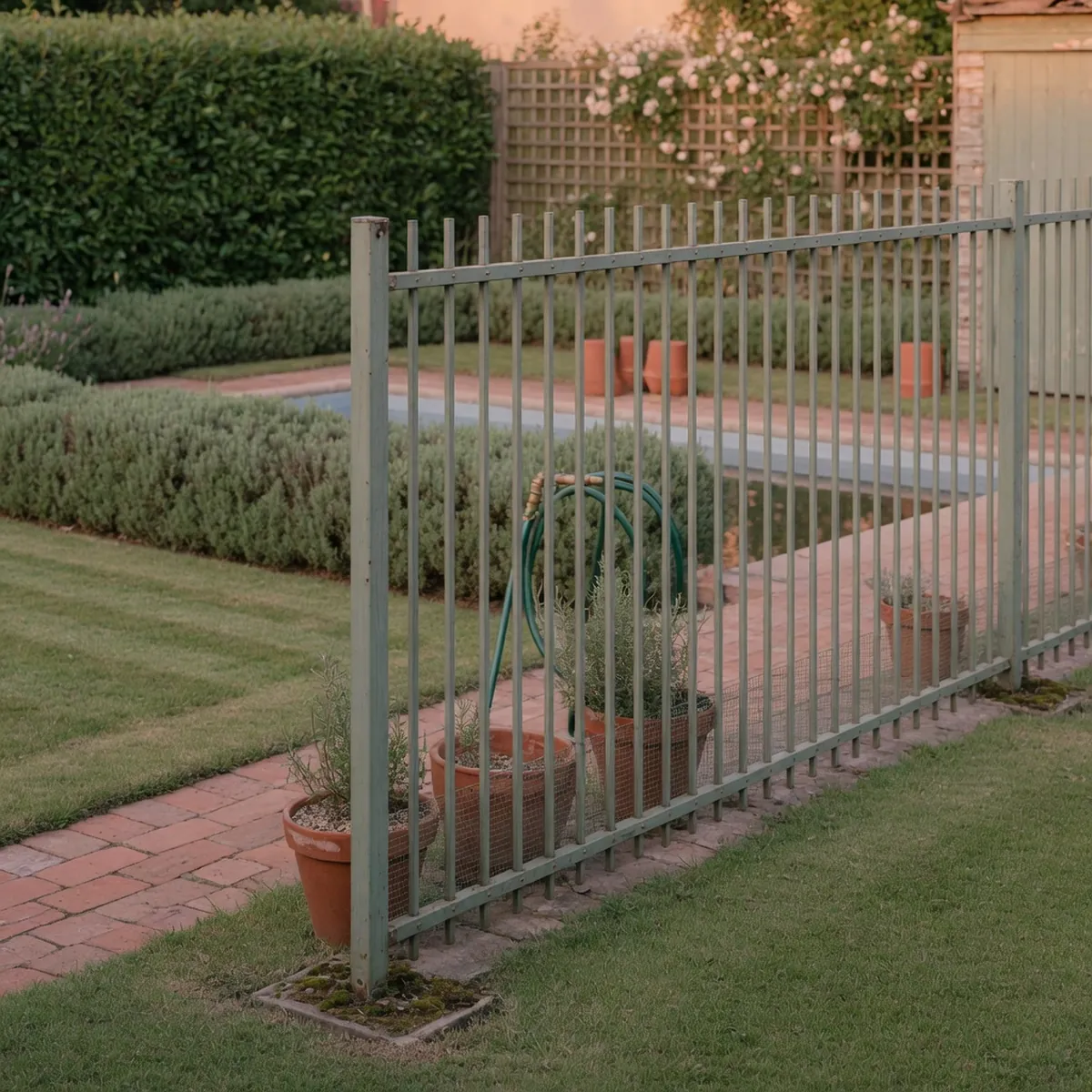A tall metal pool fence installed in a backyard garden with narrow spacing between the bars.