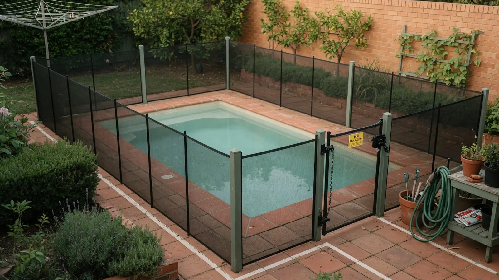 A secure swimming pool surrounded by a compliant safety fence in a residential garden.