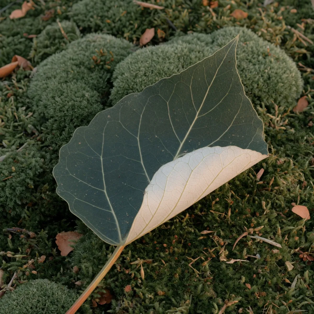 A close-up view of a thick, egg-shaped balsam poplar leaf showing its dark green upper surface and pale underside.