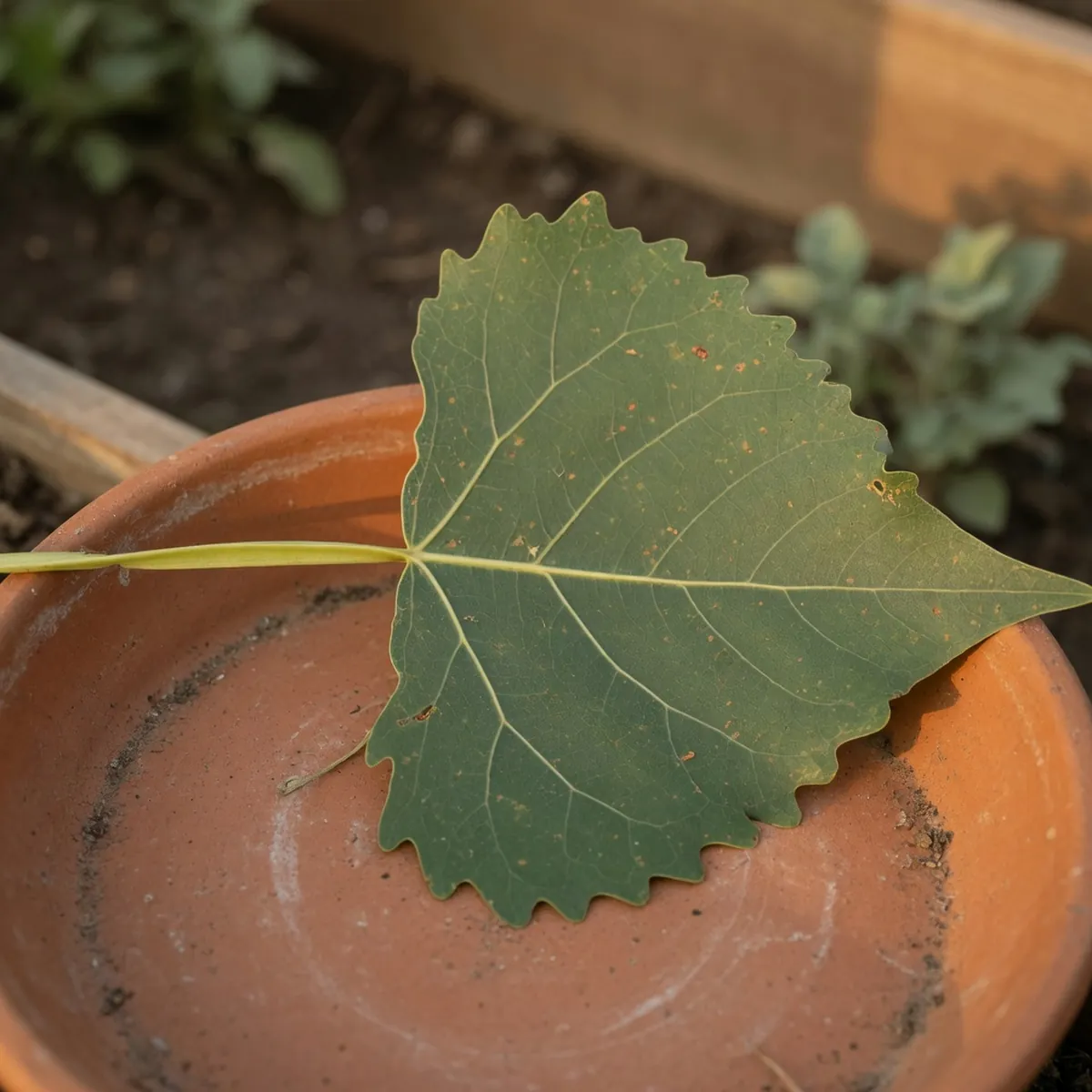 A broad, triangular cottonwood leaf with a flat stem and coarse curved edges rests on a wooden surface.