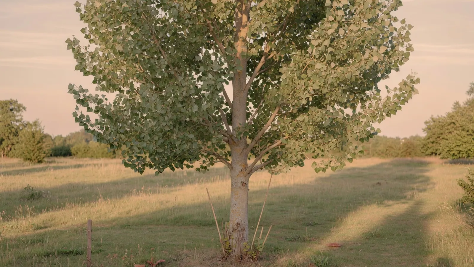 A mature poplar tree stands tall in a sunlit landscape, showcasing its broad canopy and sturdy trunk.