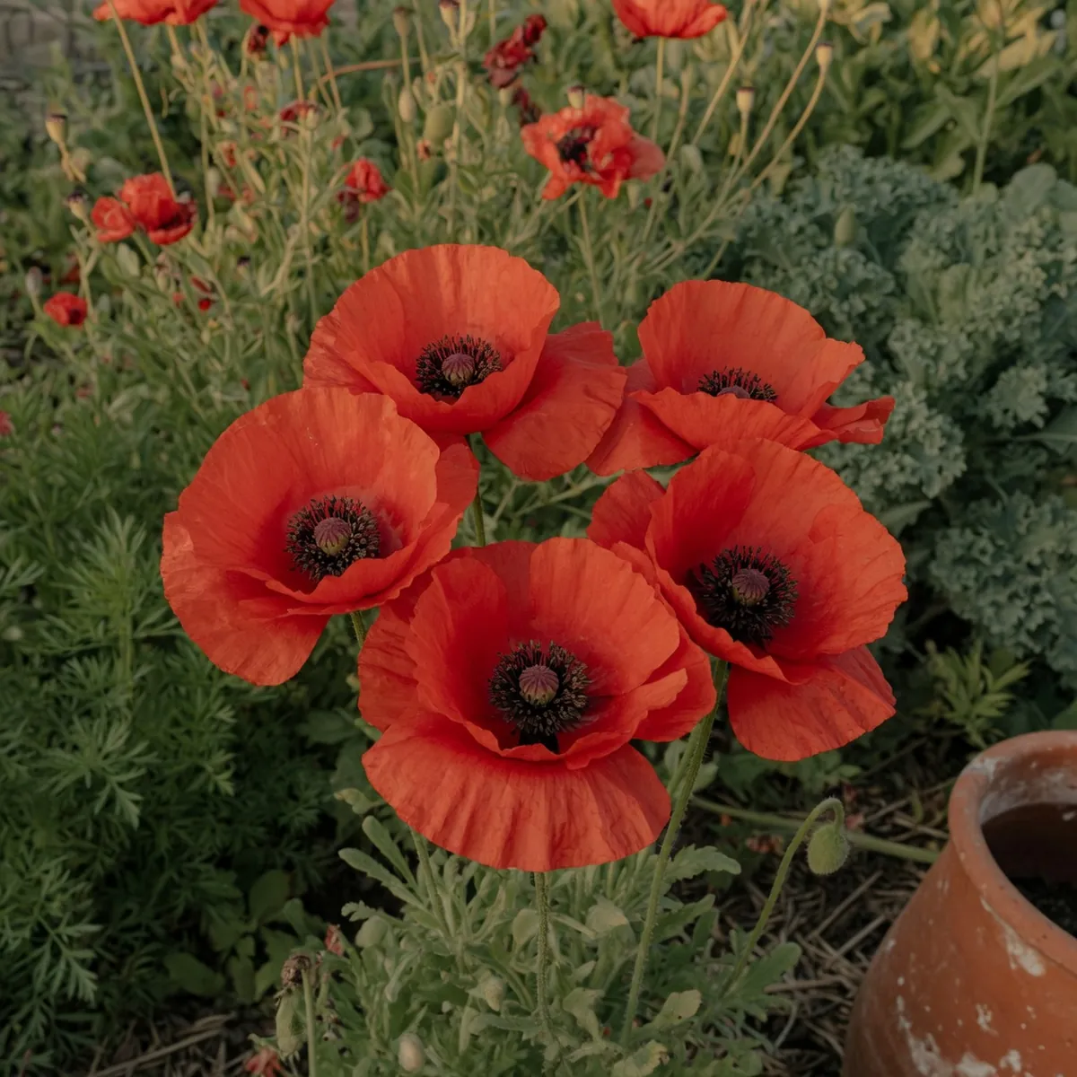 A close-up of a bright red poppy flower showing its thin petals and dark center.