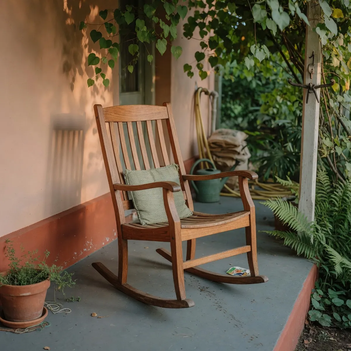 A polished teak rocking chair resting on a covered porch floor.