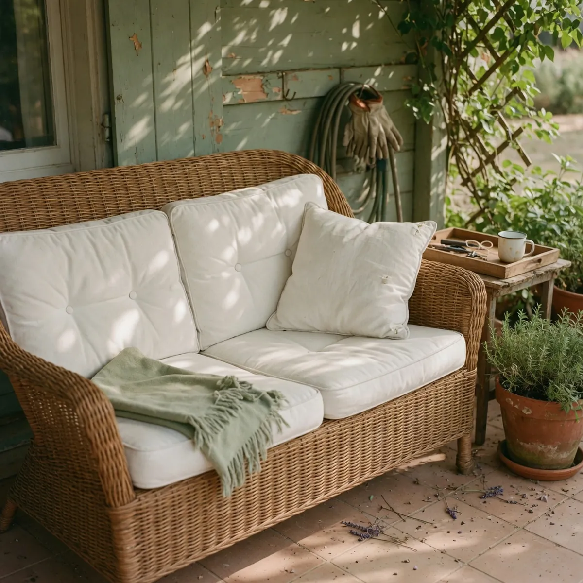 A woven wicker sofa adorned with crisp white cushions on a shaded porch.