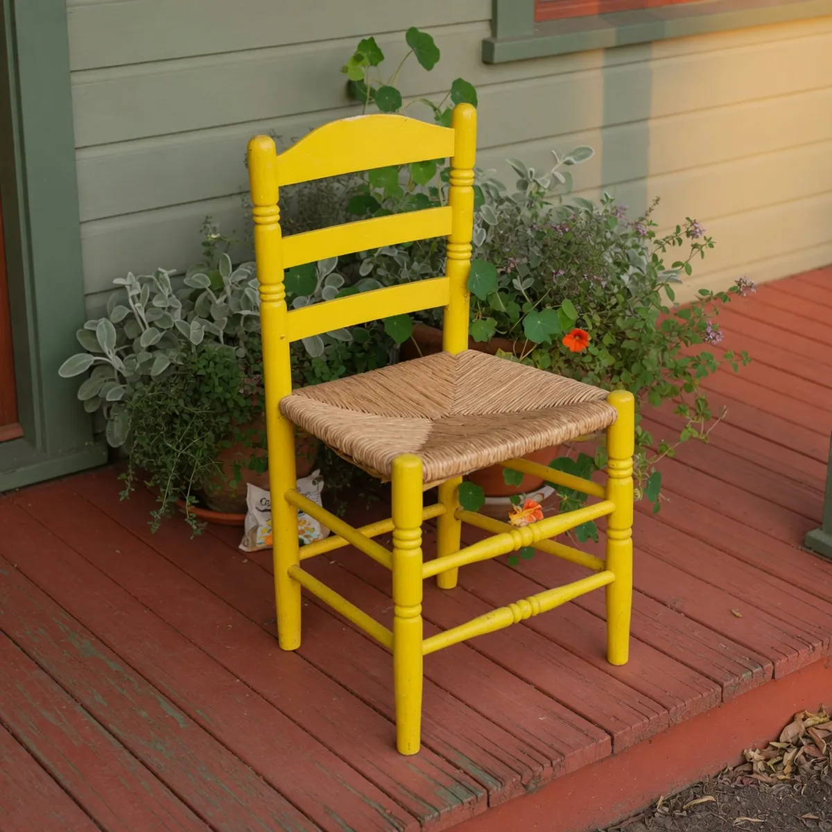 A single brightly painted wooden chair in vibrant yellow resting on a porch floor.