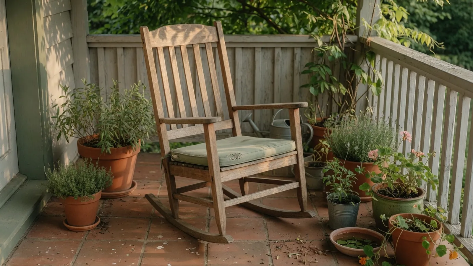 A comfortable wooden rocking chair placed on a sunlit porch floor surrounded by potted plants.