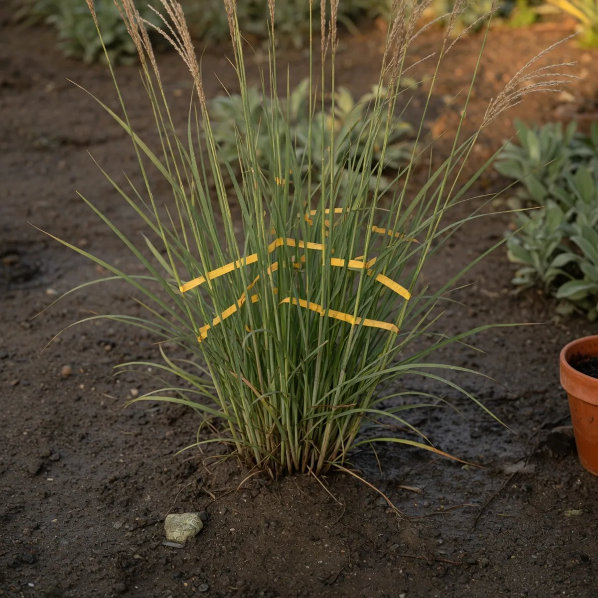 A close-up view of damp, dark sandy soil around the base of a porcupine grass clump.
