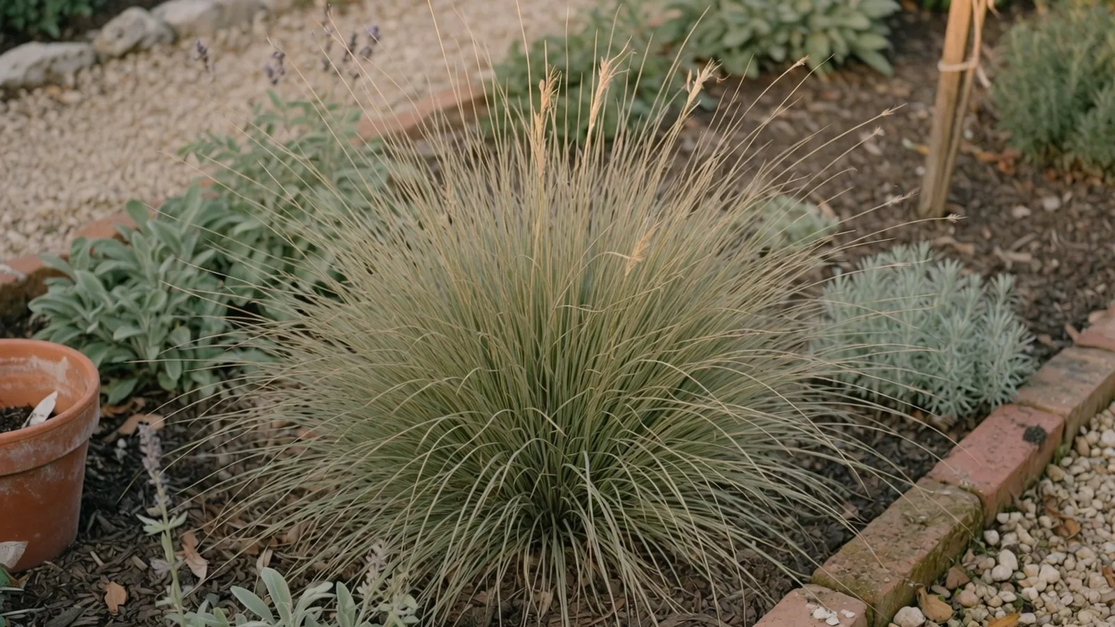 A mature clump of porcupine grass displaying its characteristic golden-striped foliage in a garden setting.