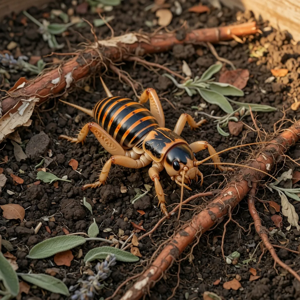 A close-up of a large Jerusalem cricket with a black and orange banded body resting on dark soil near decaying plant roots.