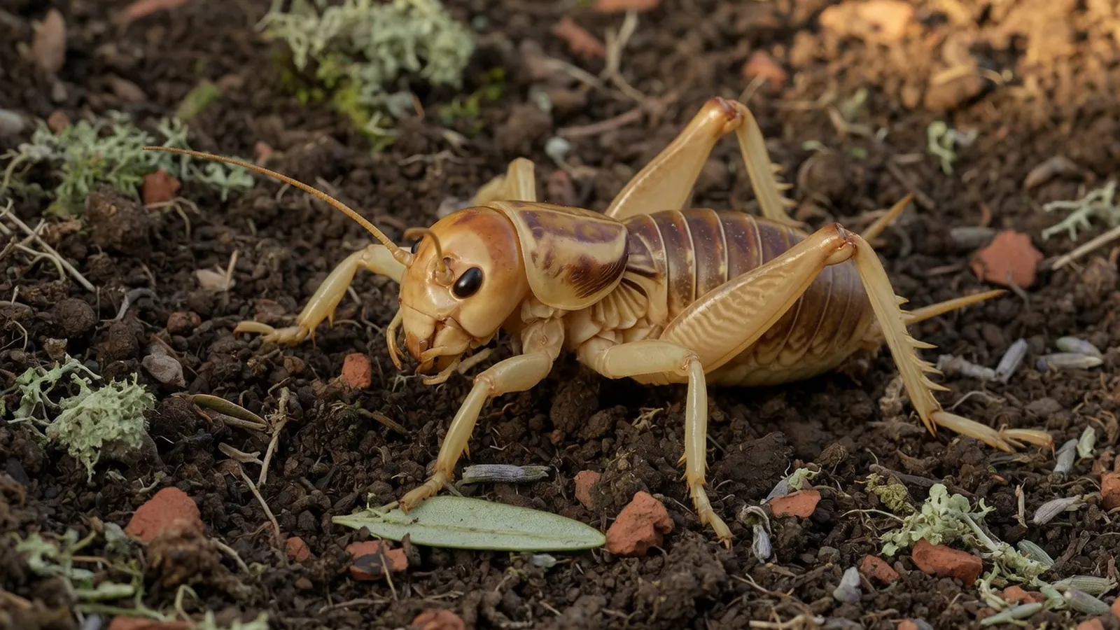 A large Jerusalem cricket with a prominent humanoid head and long translucent legs on dark garden soil.