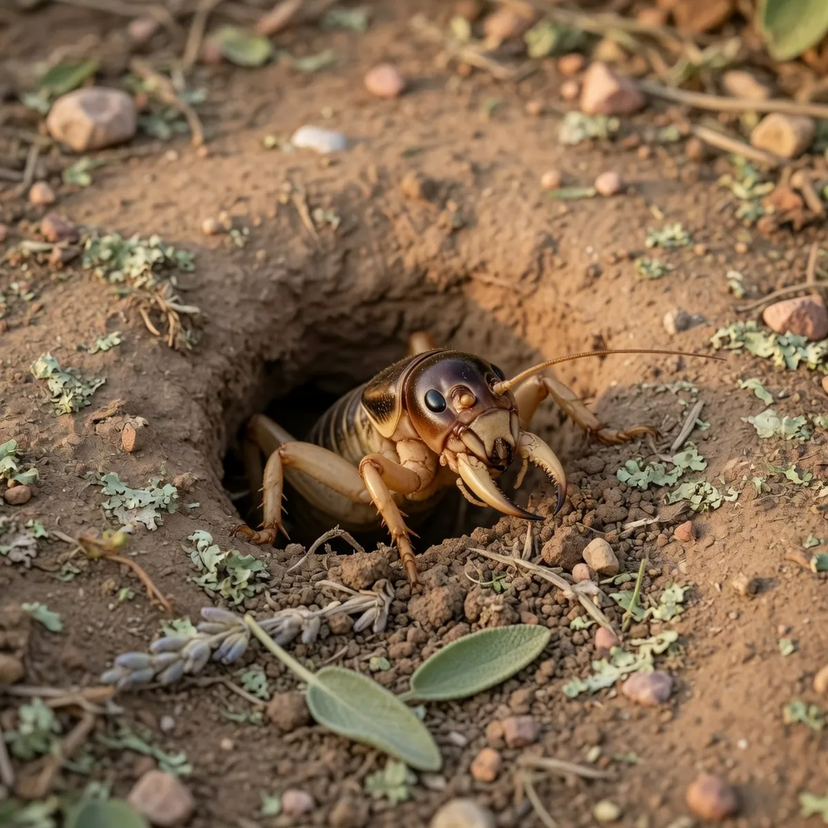 A close-up view of a brown Jerusalem cricket with prominent mandibles emerging from a small soil hole.