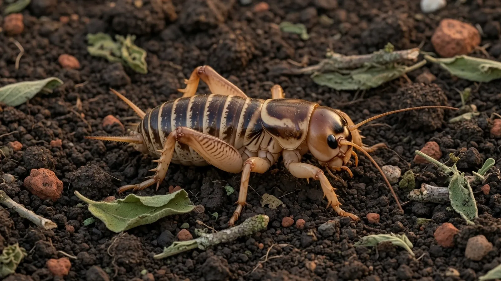 A brown Jerusalem cricket with a large head and striped abdomen resting on dark garden soil.