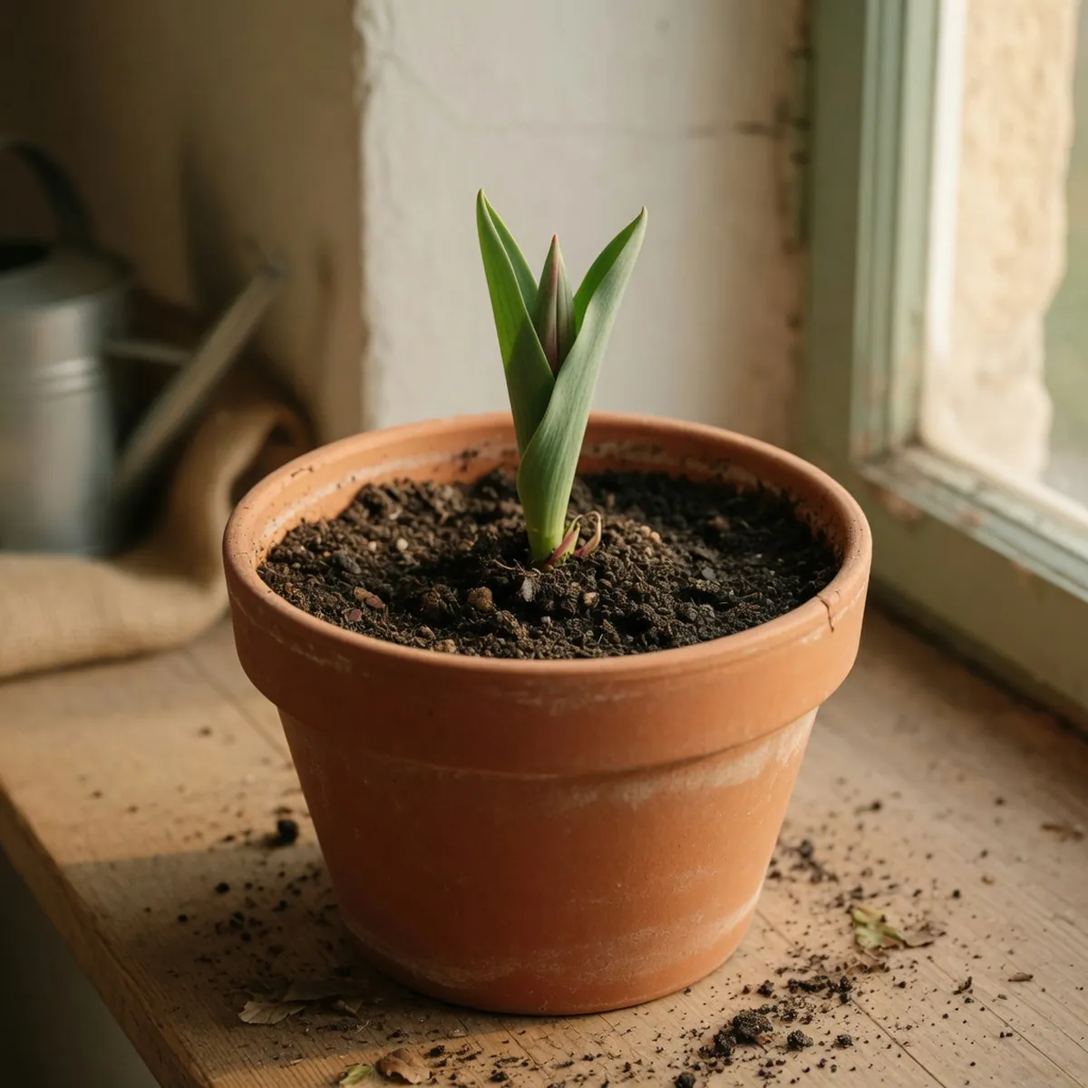 A terracotta pot filled with dark, moist soil and a single emerging green tulip shoot.