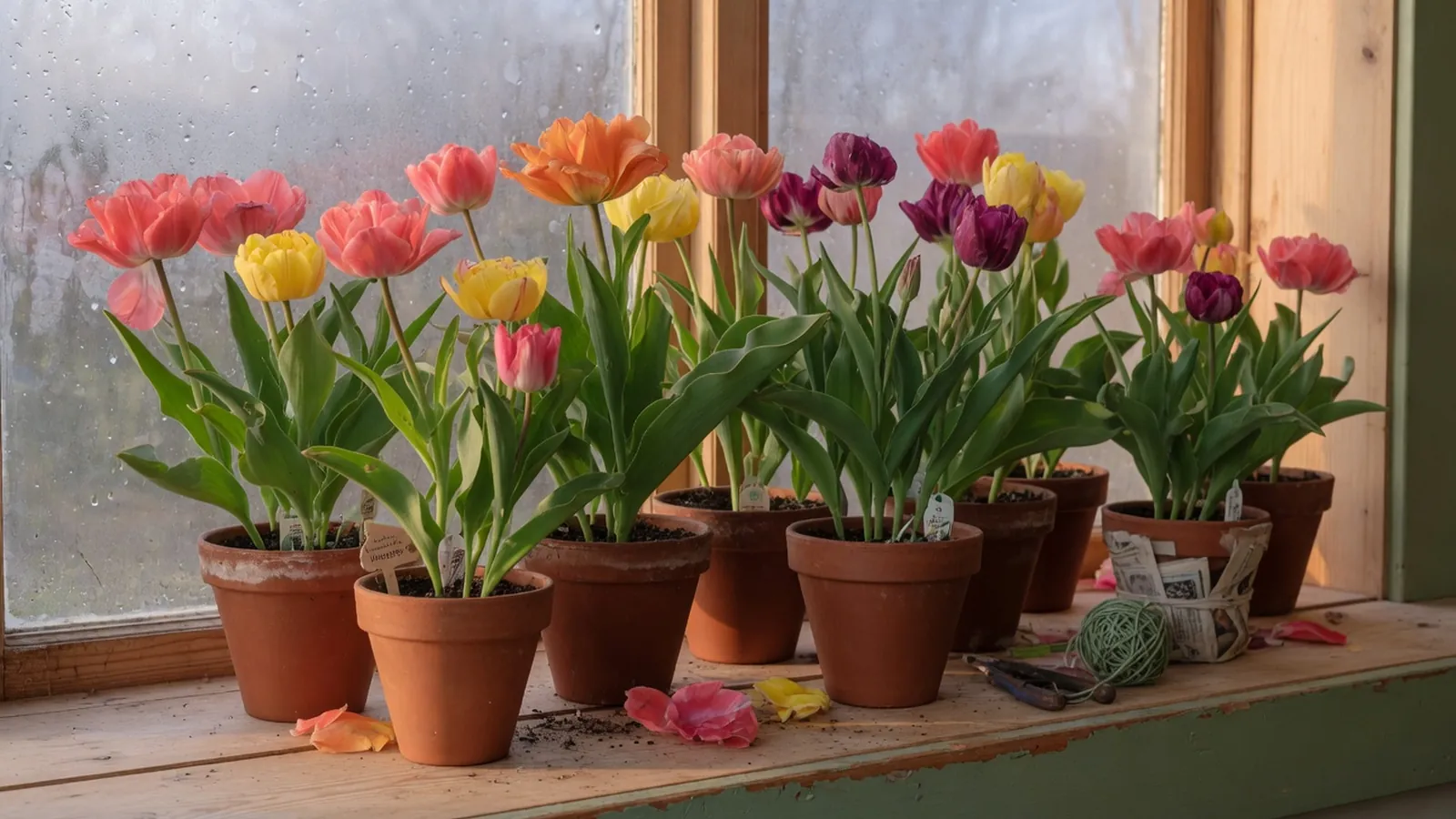A vibrant cluster of potted tulips in full bloom arranged on a bright windowsill.