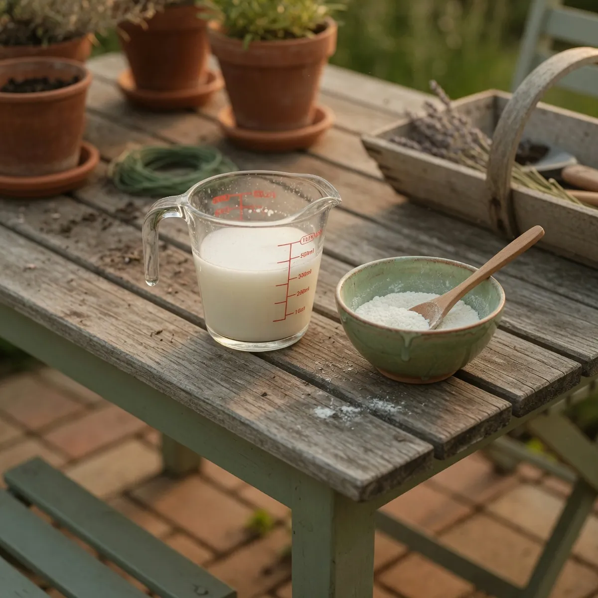 A clear glass measuring cup contains a milky white liquid solution next to a small bowl of white powder.