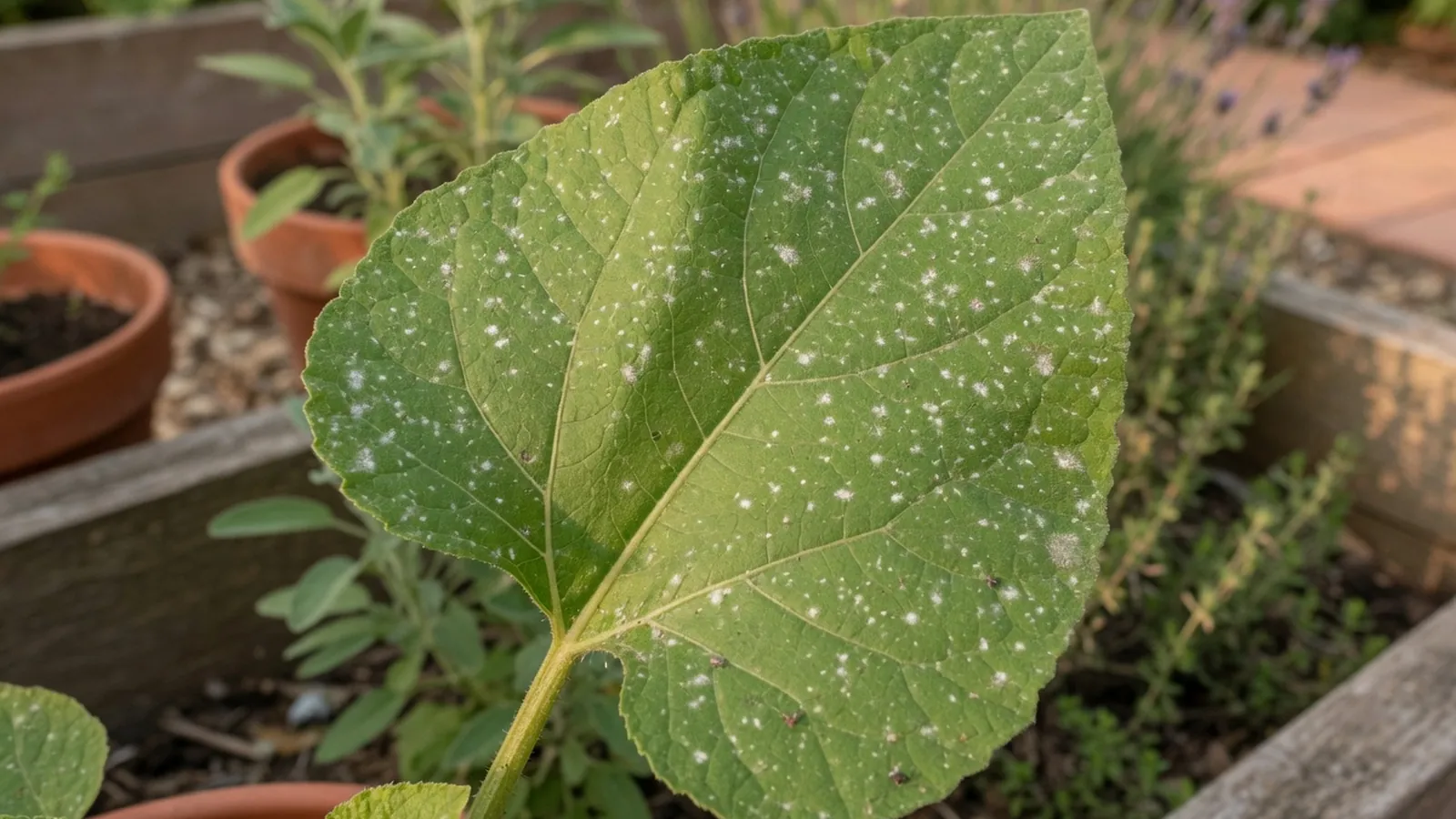 A healthy green leaf displays distinct white powdery spots characteristic of fungal infection.