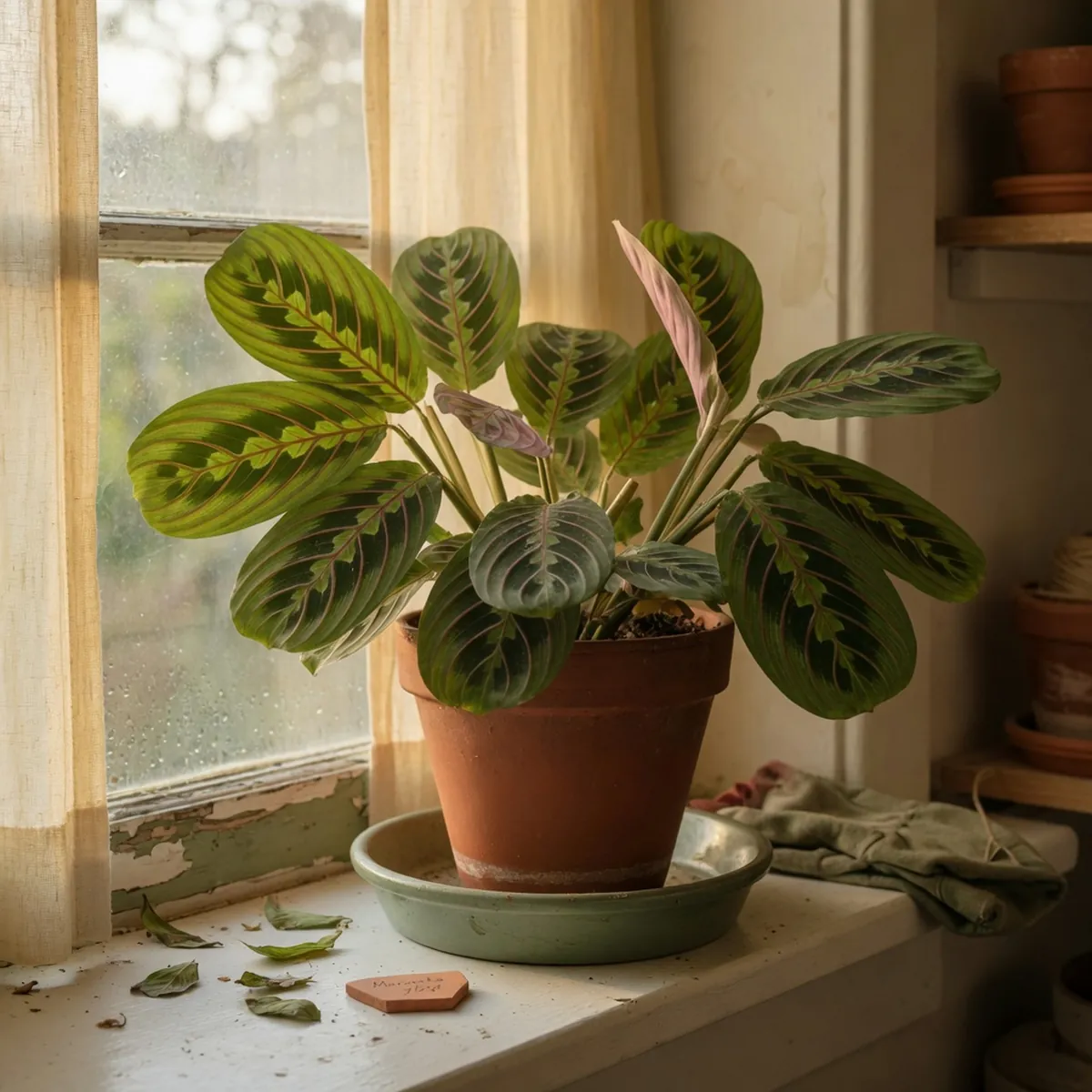 A potted prayer plant with patterned leaves on a bright windowsill.