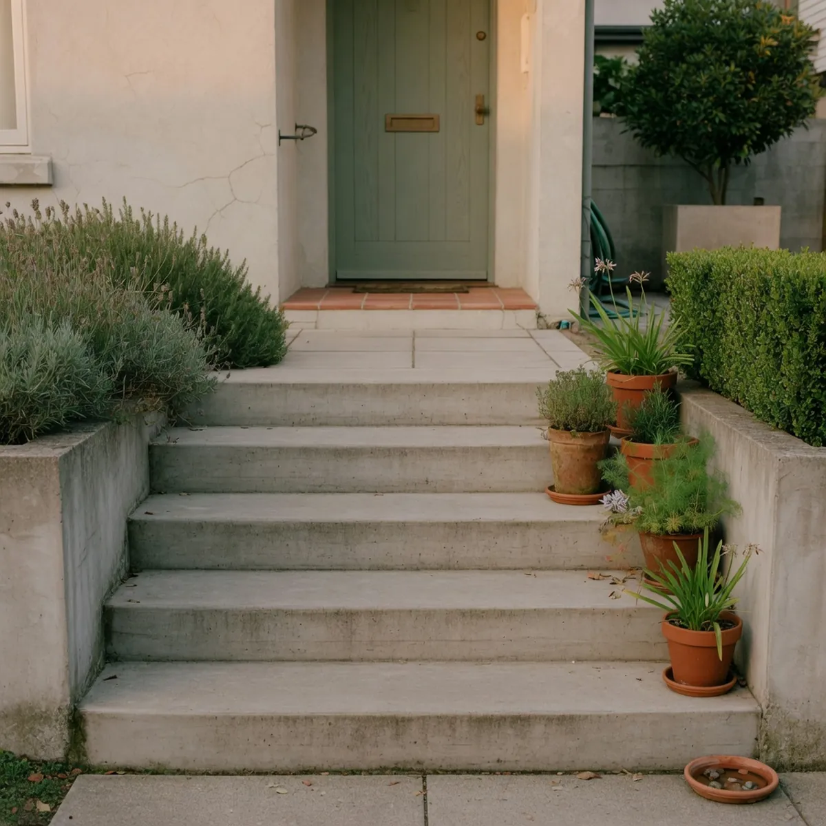 A set of wide precast concrete steps leading up to a residential entrance, surrounded by garden greenery.