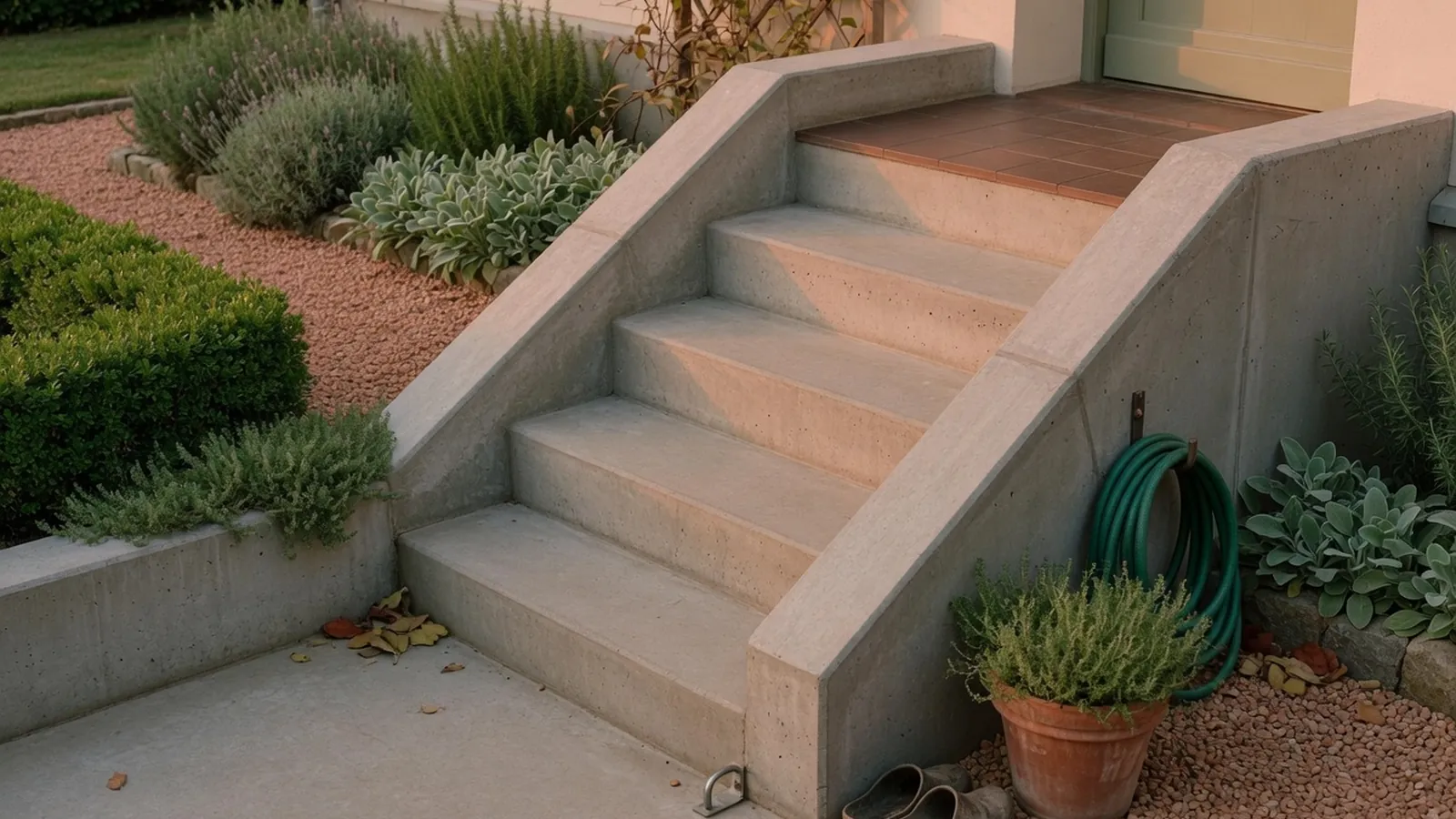 A sturdy precast concrete staircase installed at a home entrance, featuring a smooth finish and neutral tone.