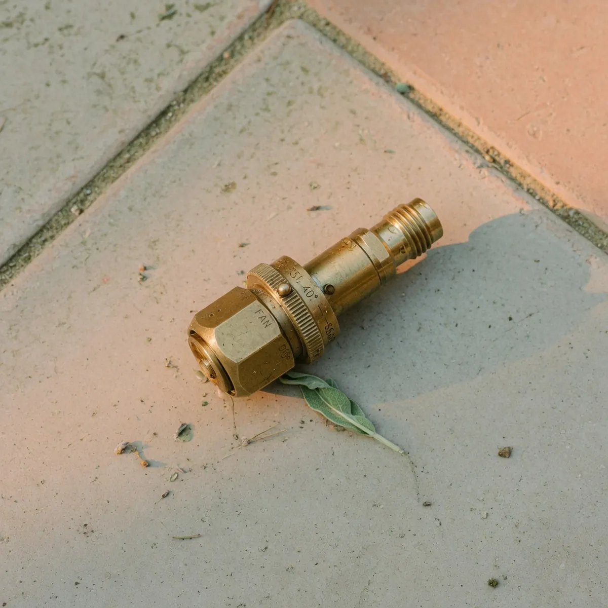 A brass pressure washer nozzle tip with adjustable spray settings resting on a concrete patio.