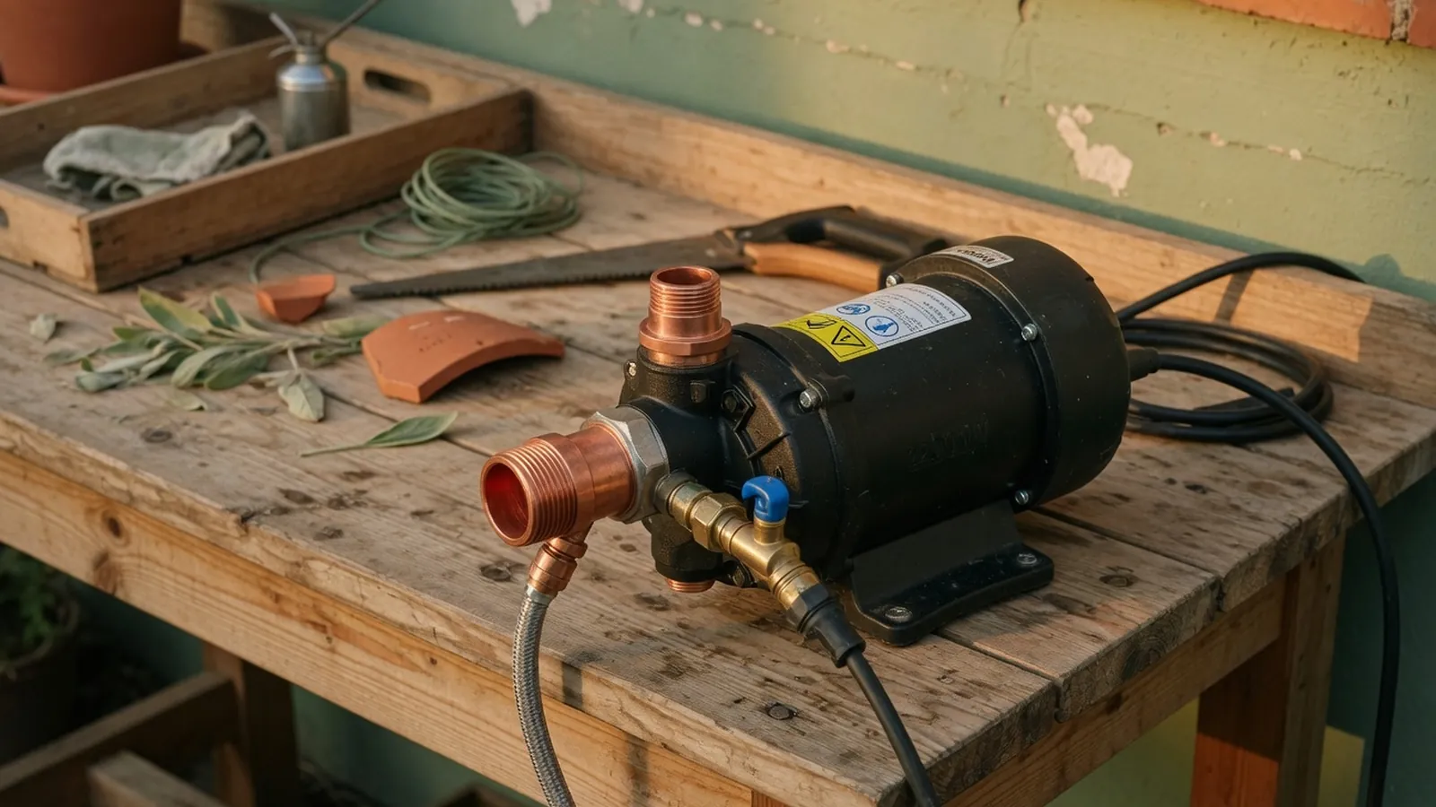 A compact electric pressure washer pump unit with visible copper fittings and a black motor housing.