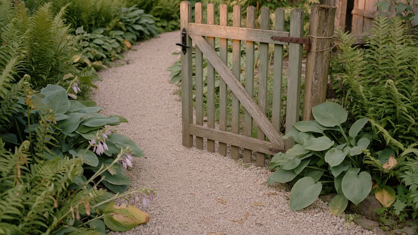 A weathered wooden garden gate stands slightly open along a gravel path bordered by dense ferns and hostas.