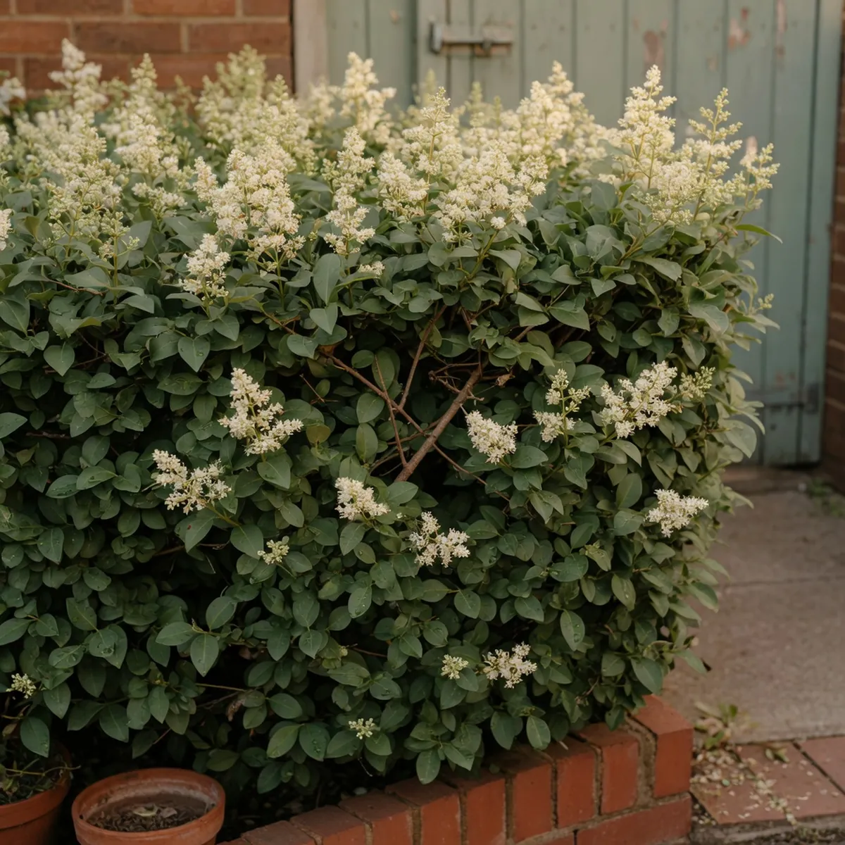 A dense privet hedge displaying clusters of small white summer flowers among glossy green foliage.