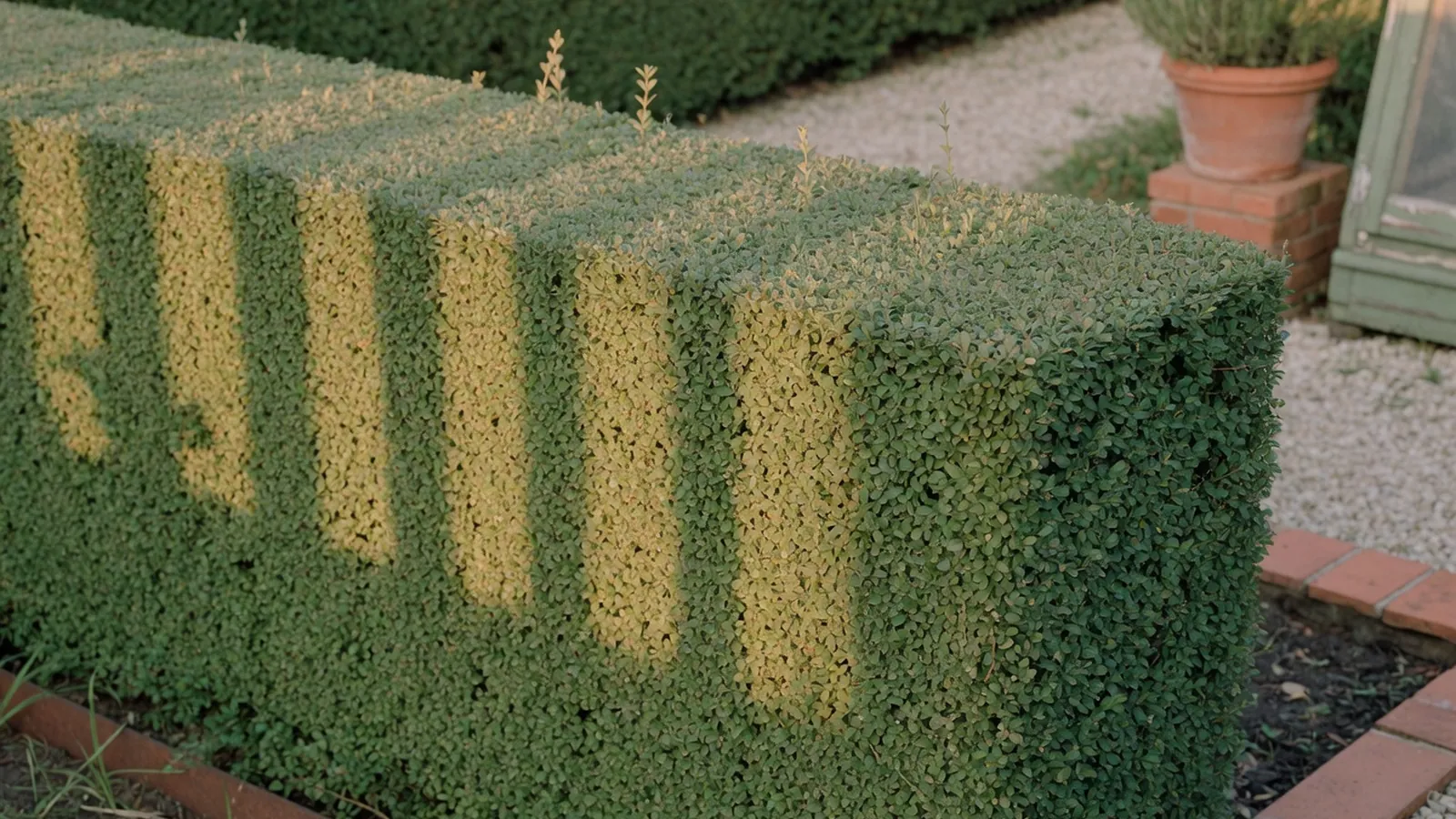 A tall, neatly trimmed privet hedge forming a lush green garden boundary.