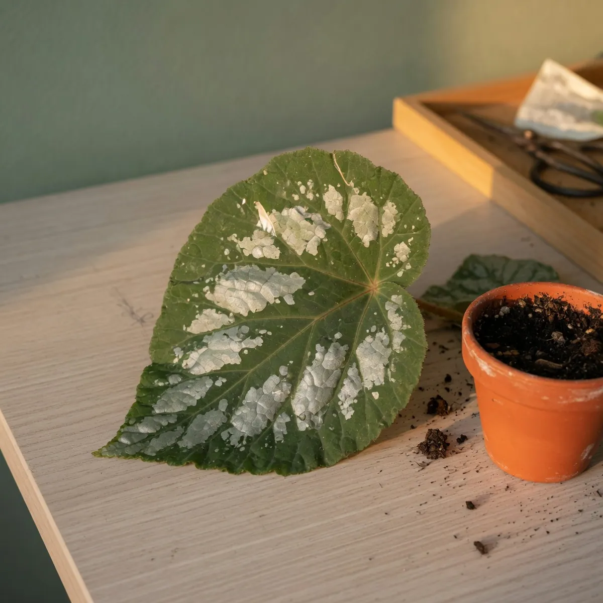 A rex begonia leaf with silver and green patterns placed next to a small pot of soil.