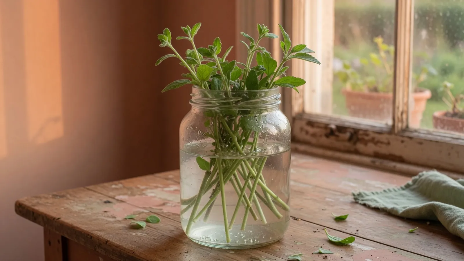 Fresh green stem cuttings arranged in a clear glass jar of water on a wooden table.