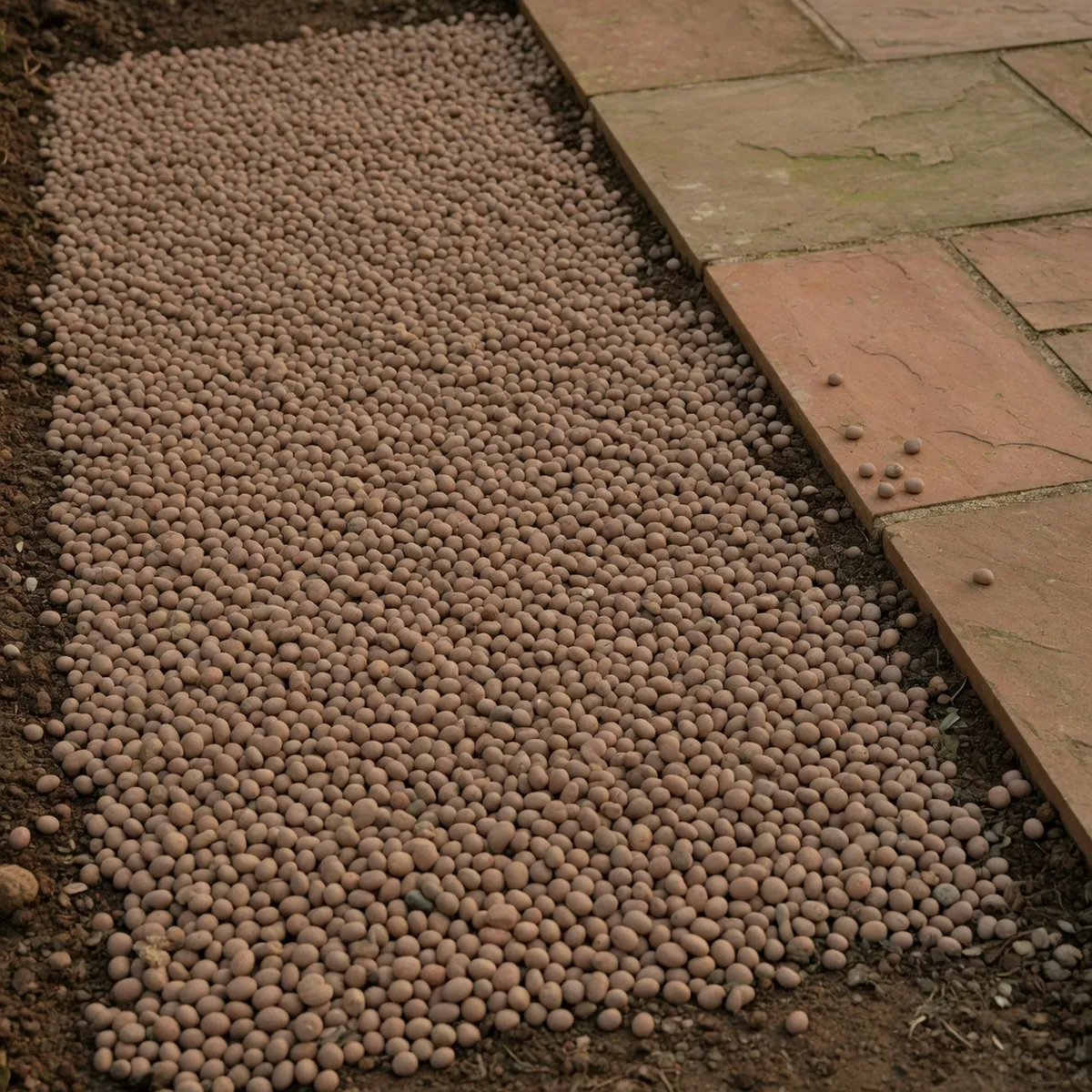 Smooth, rounded pea gravel in neutral earth tones spread evenly on a prepared garden bed next to a stone patio edge.