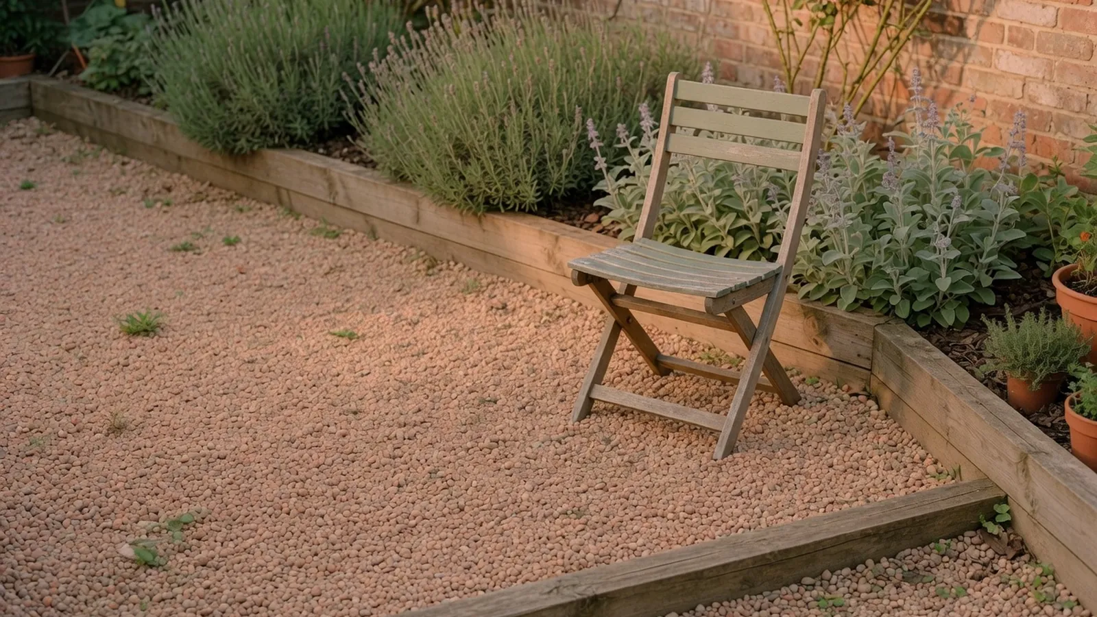 A finished pea gravel patio area bordered by wooden edging with a garden chair placed on a stable section.