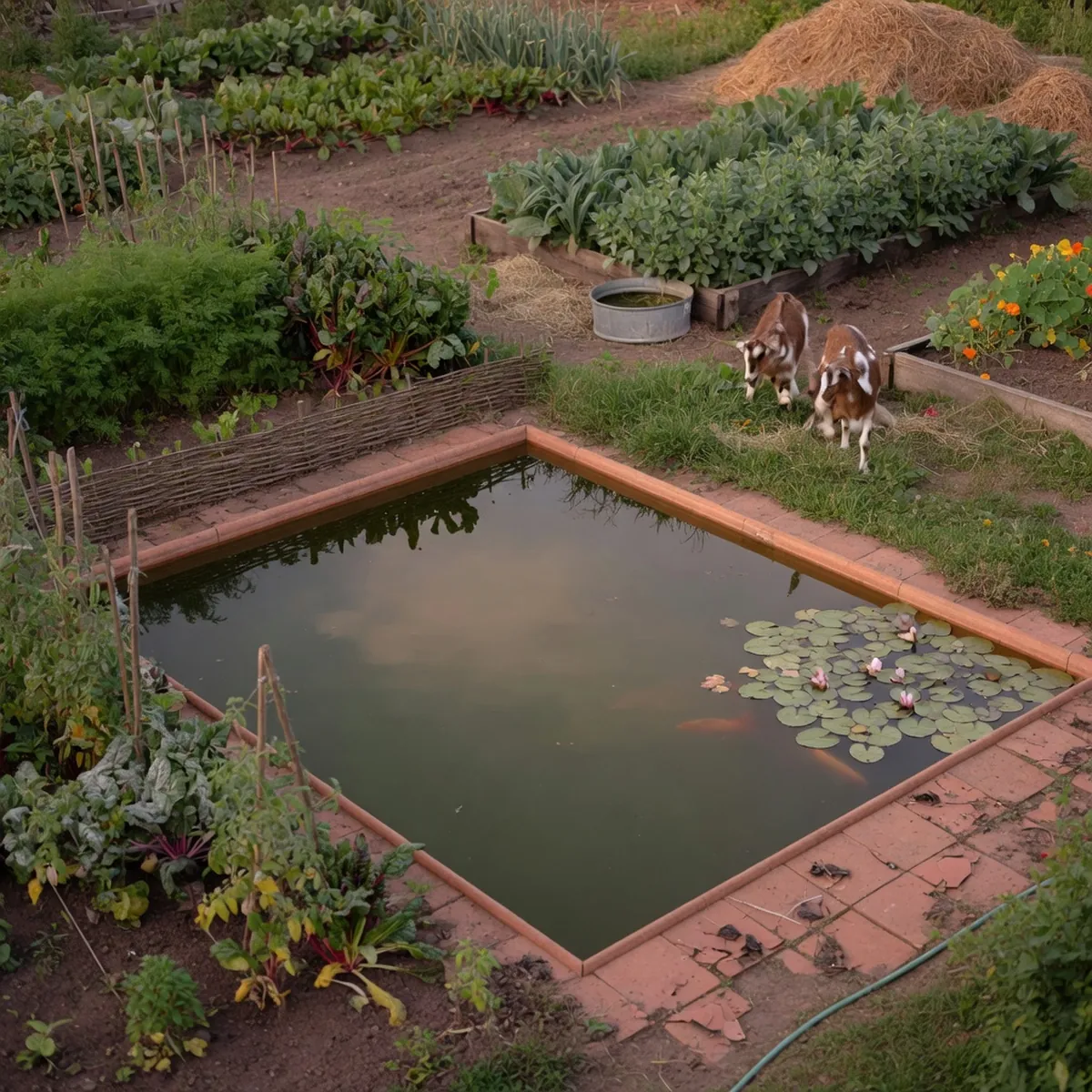 A tranquil fish pond is surrounded by thriving crops and livestock in an integrated farming setup.