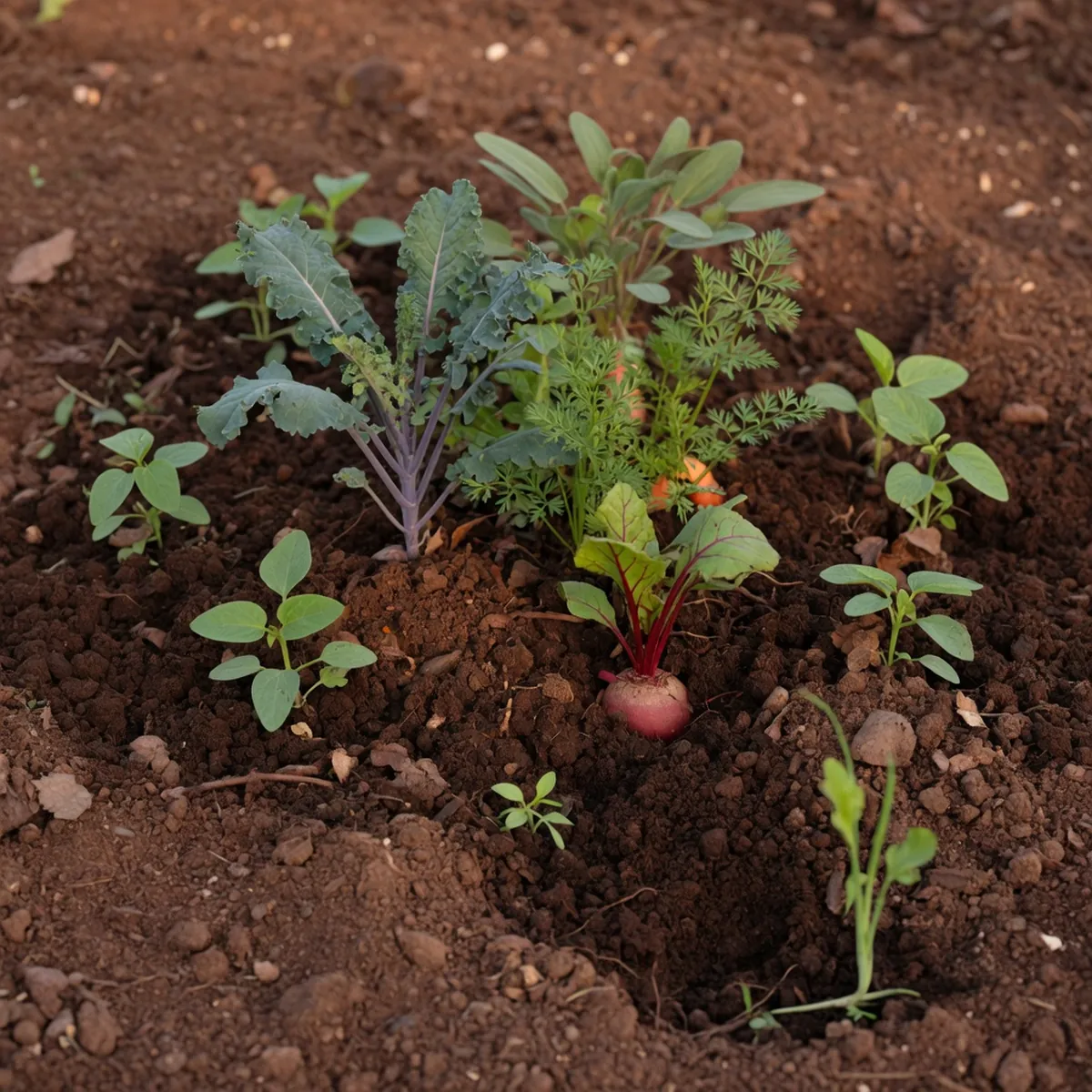 A close-up view of mixed vegetable plants reveals rich soil and visible root zones.