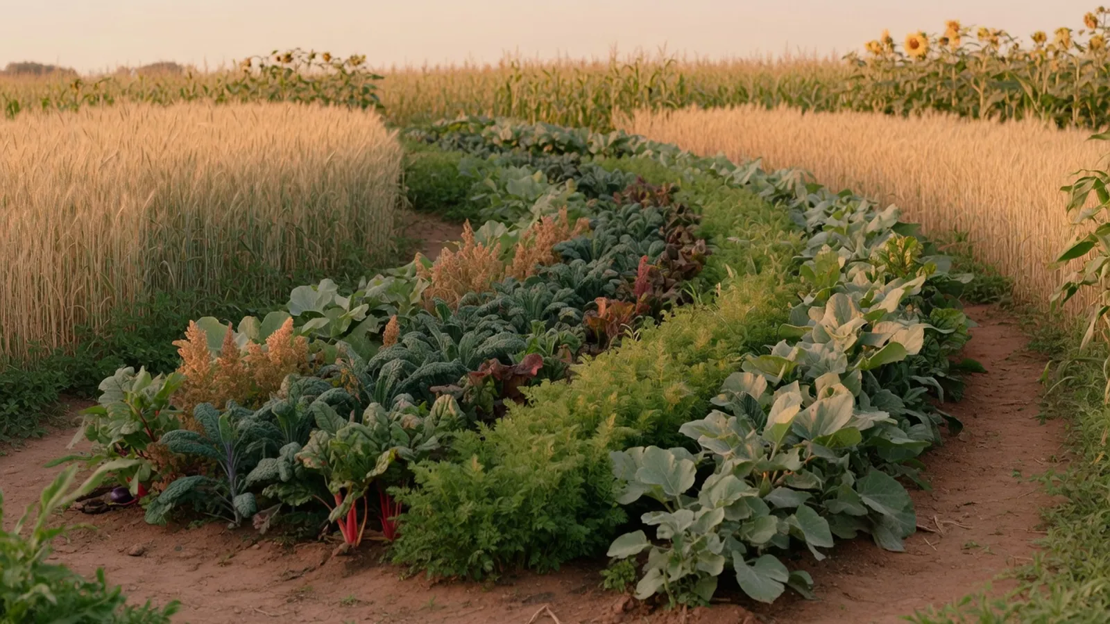 A vibrant mixed-crop field showcases diverse vegetables and grains growing together under an open sky.