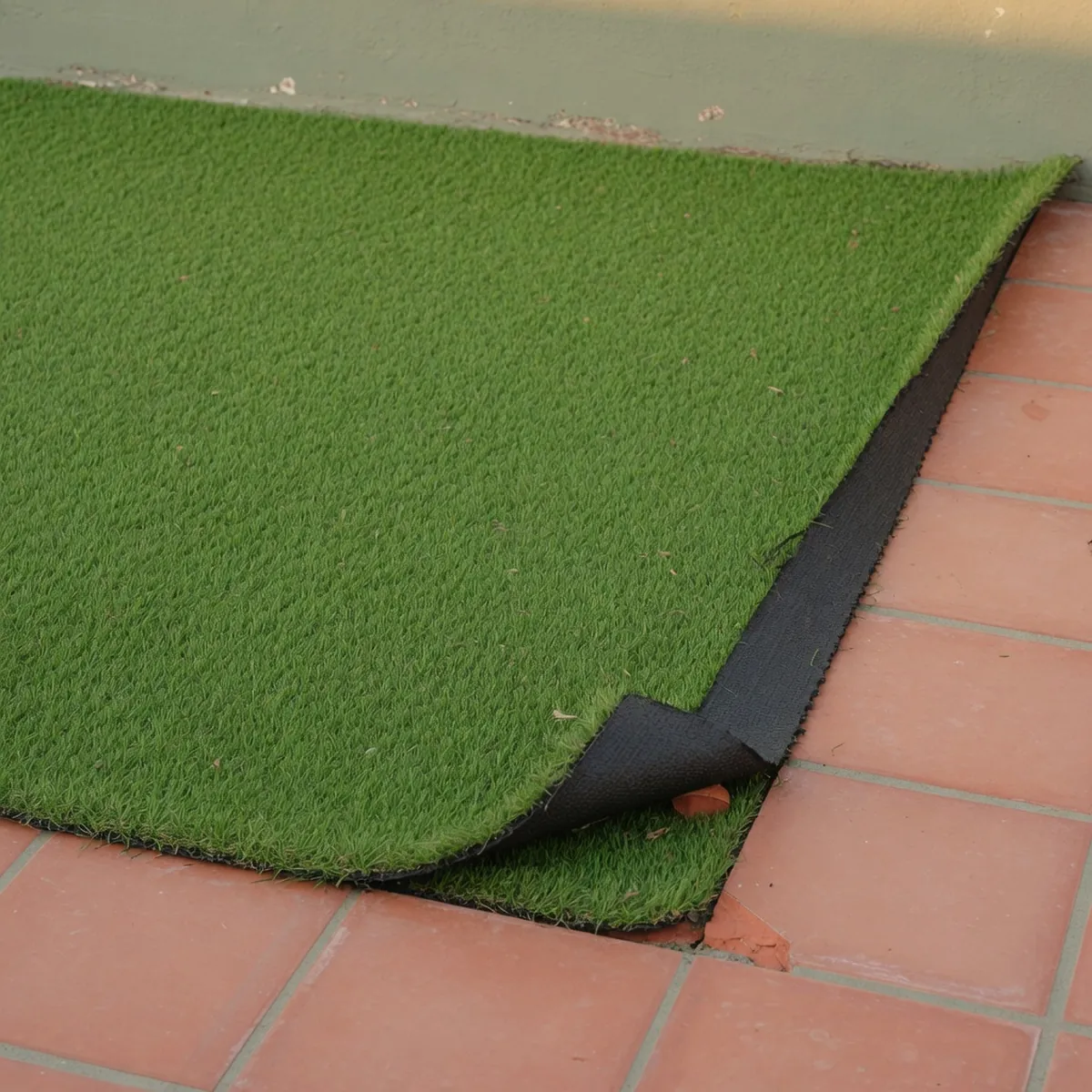 A close-up view of bright green synthetic turf on a paved patio showing uniform blades and rubber backing.